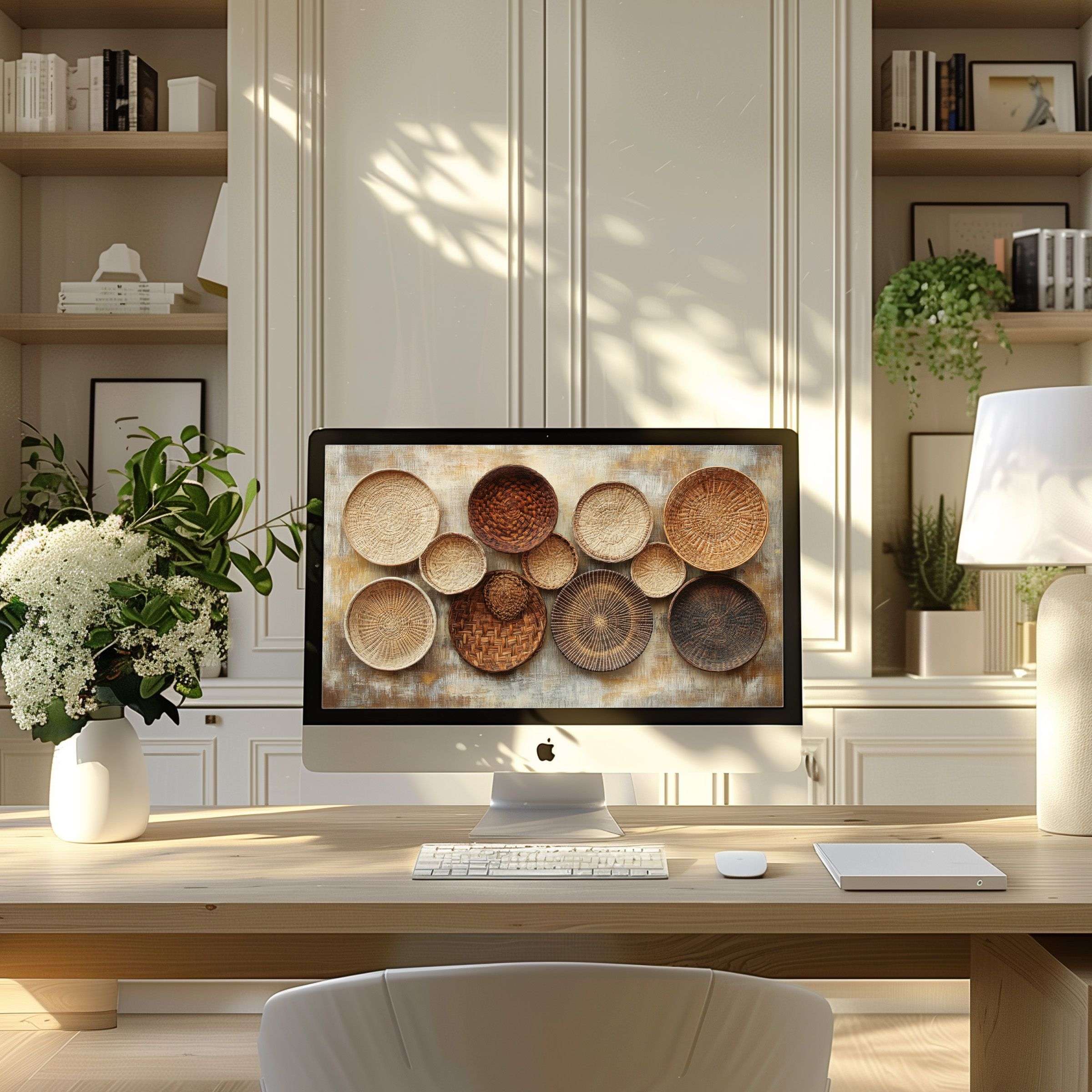 Natural earthy tones in a basket motif wallpaper for computer inspire calm elegance in a modern PC or laptop home office setup