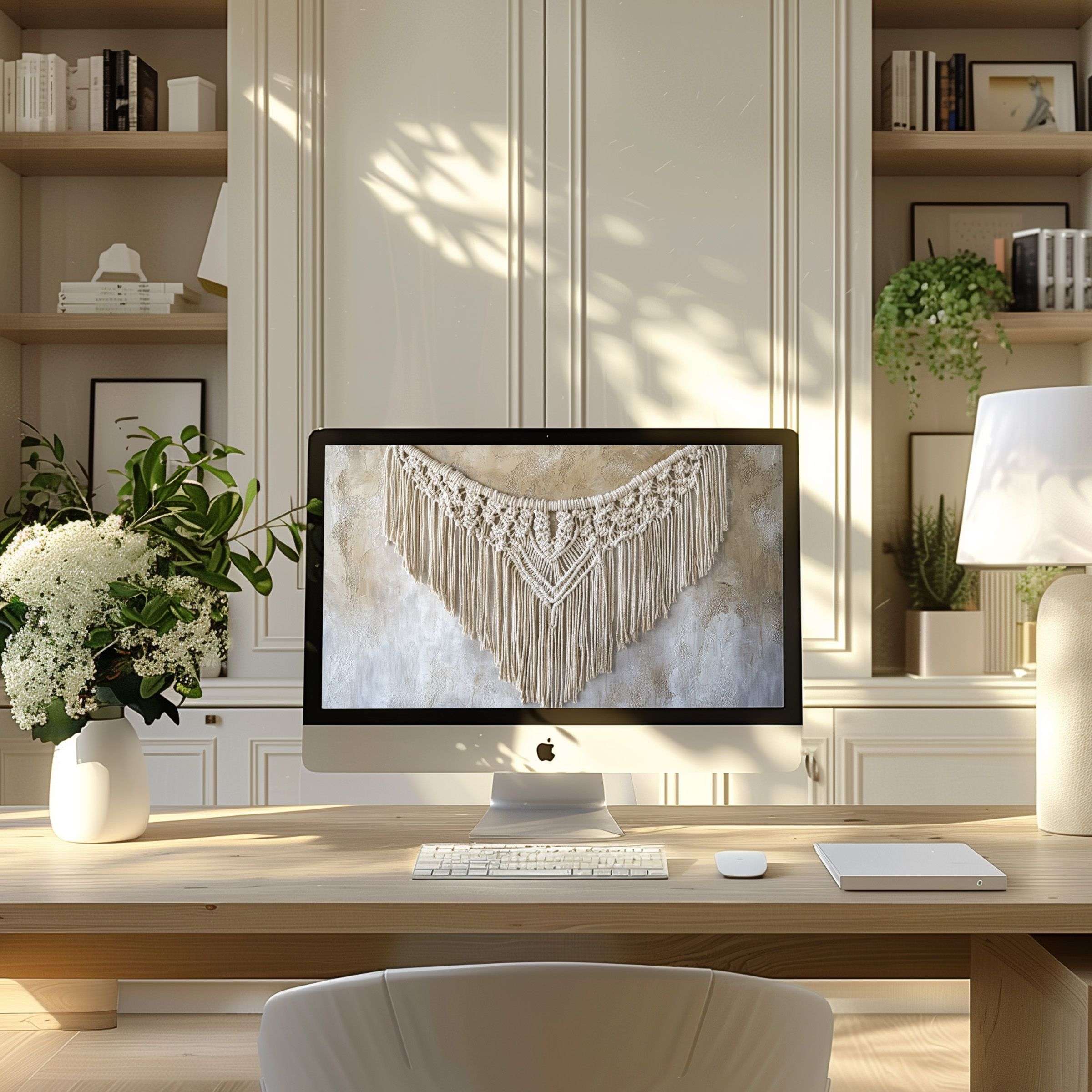 Elegant macramé wallpaper for computer on a sleek desk in a modern home office inspires calm and fits PC, laptop displays