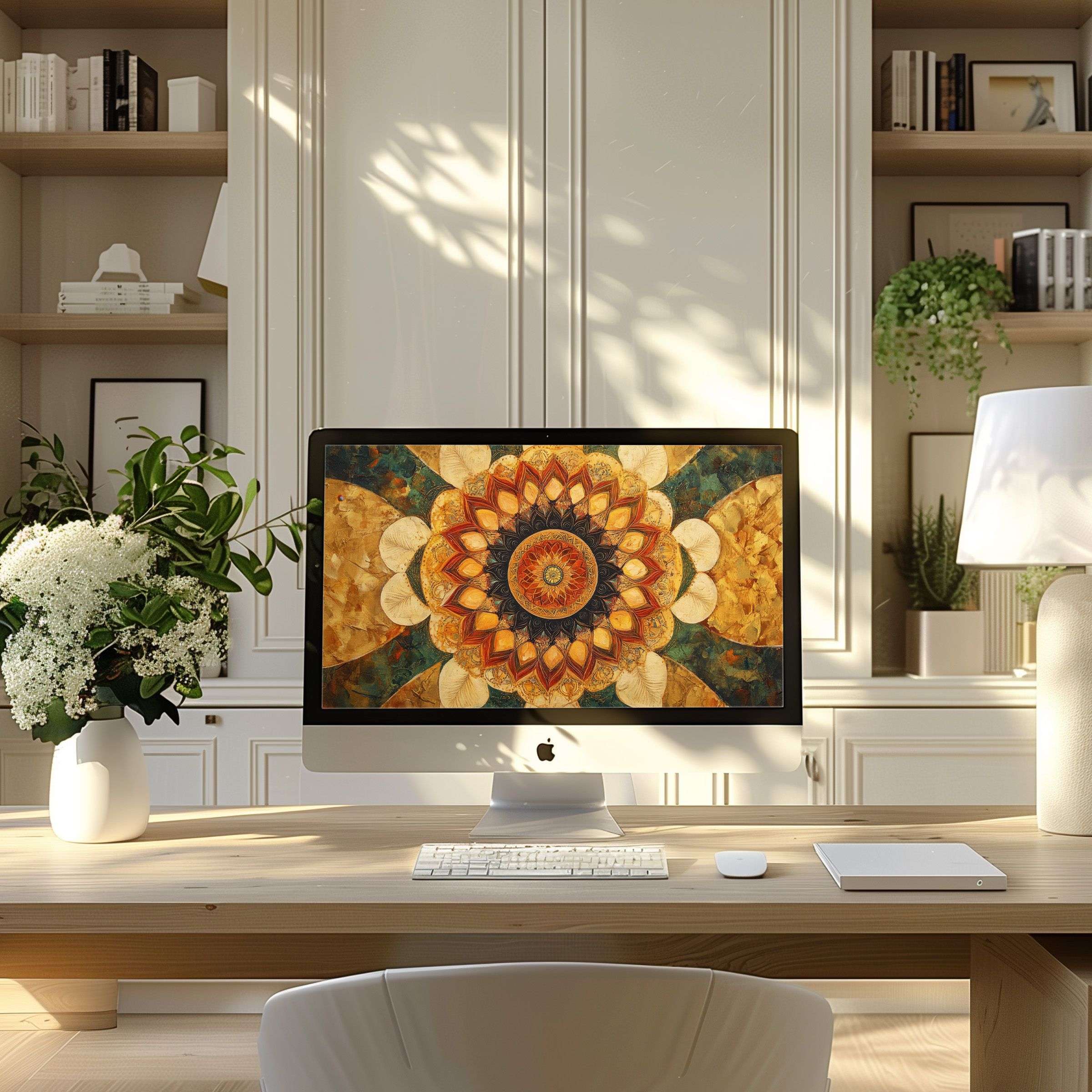 Elegant mandala wallpaper for computer brings calm and inspiration to your PC and laptop in a modern, serene home office setting
