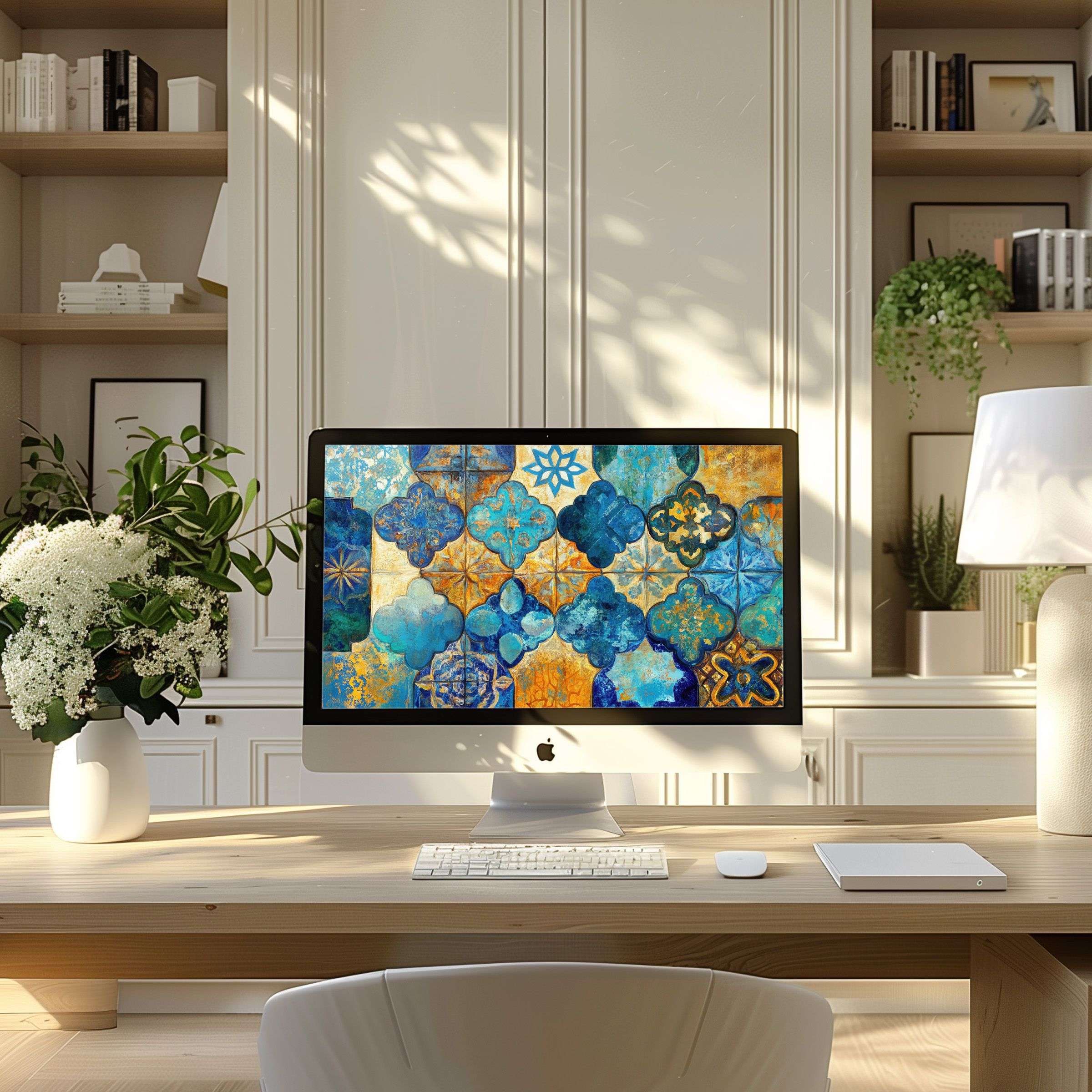 Elegant digital art in blue and gold tile motif wallpaper for computer, PC, laptop fits ultrawide modern home office download