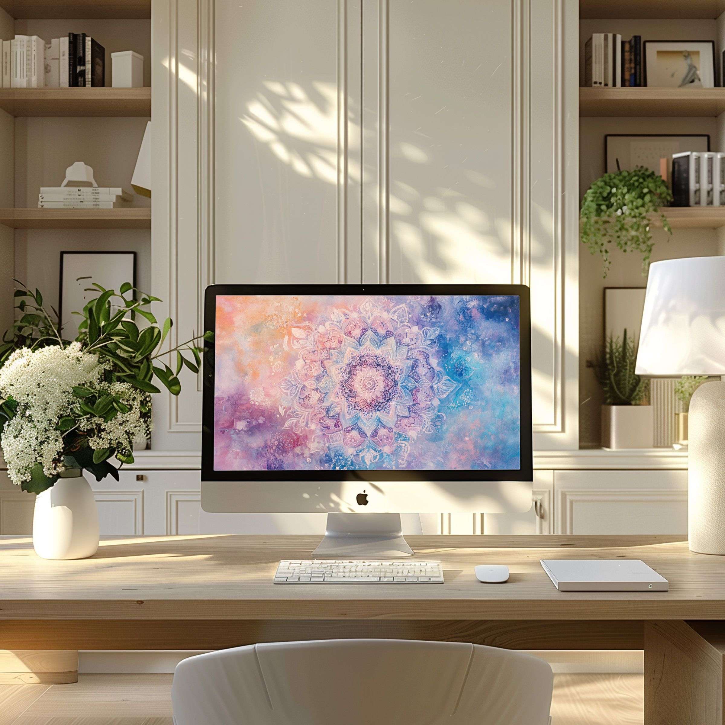 Elegant mandala wallpaper for computer blends pastel hues in a serene modern home office for PC and laptop digital download