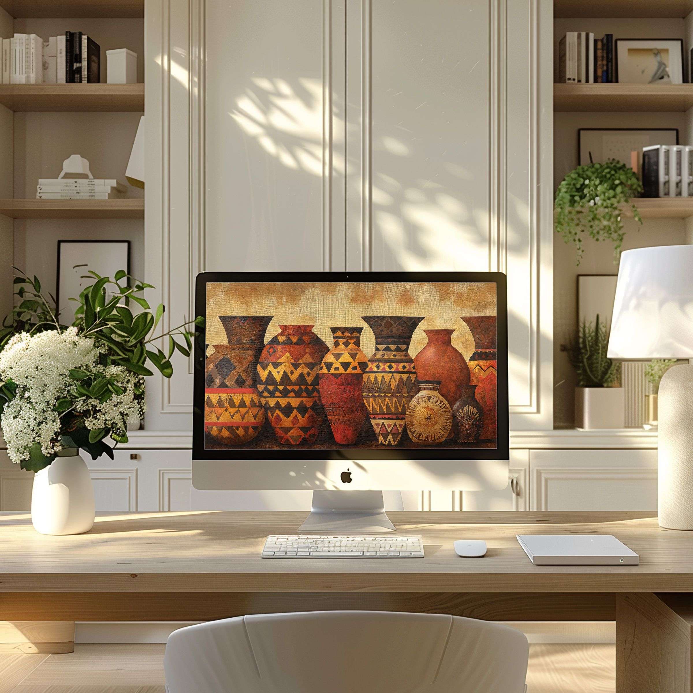 Elegant digital art wallpaper for computer featuring warm tribal vases, perfect for PC or laptop in a modern, calming home office