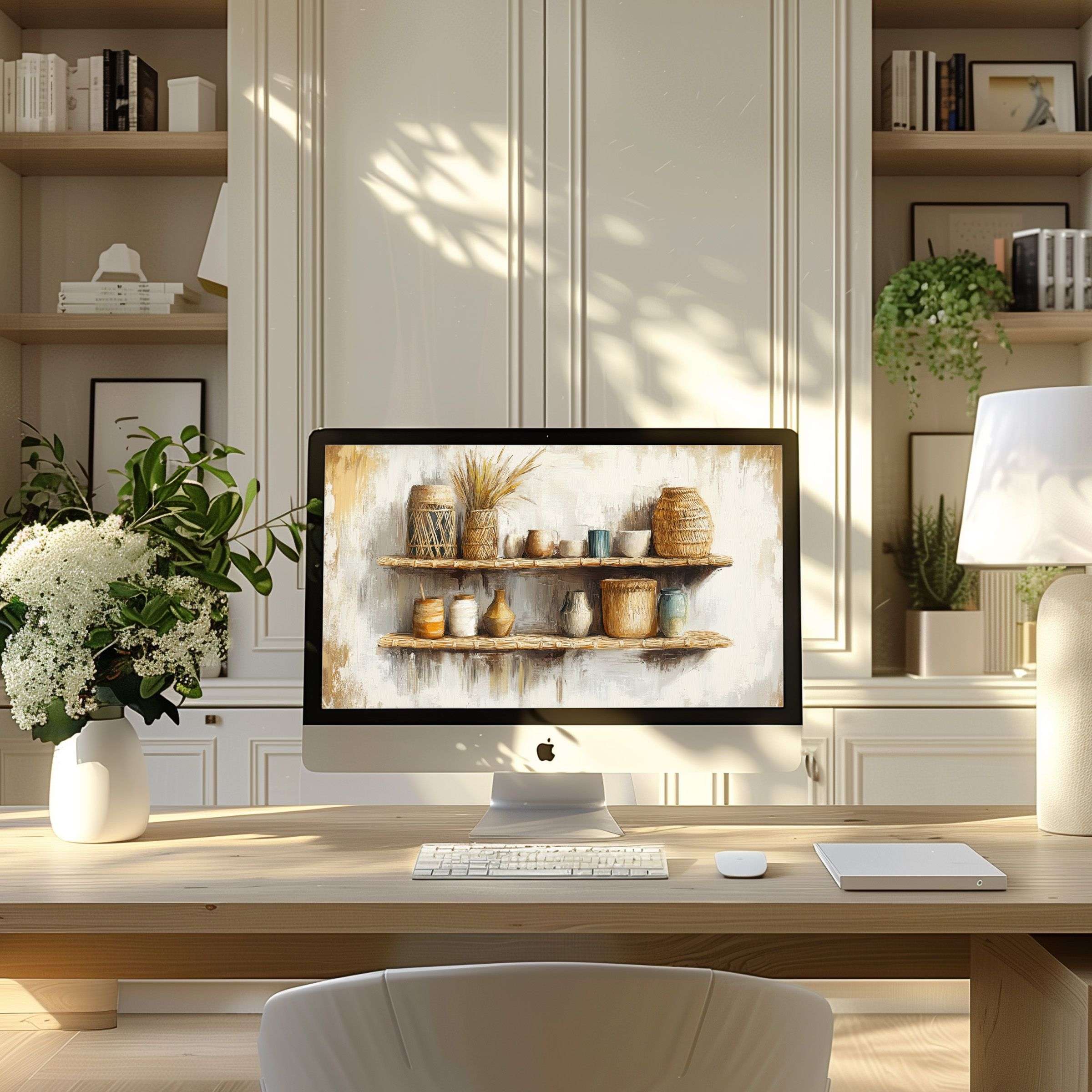 Elegant wallpaper for computer with rustic pottery theme enhances calm in modern home office ideal for PC or laptop download