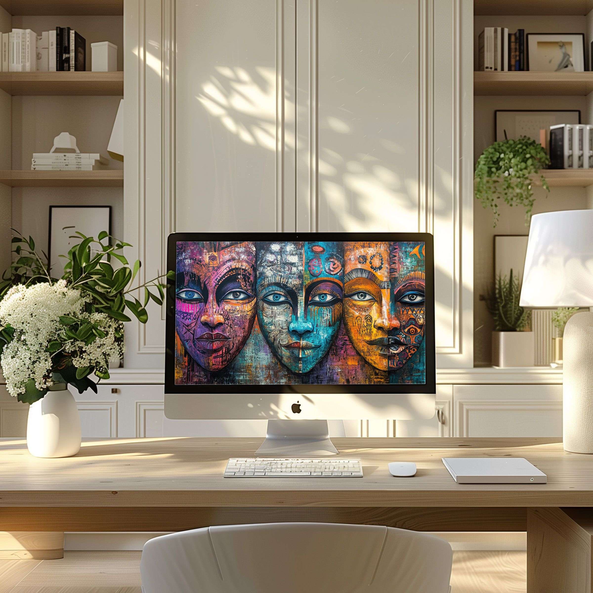Elegant digital art wallpaper for computer PC and Laptop inspires calm with vibrant masks in a modern home office setup