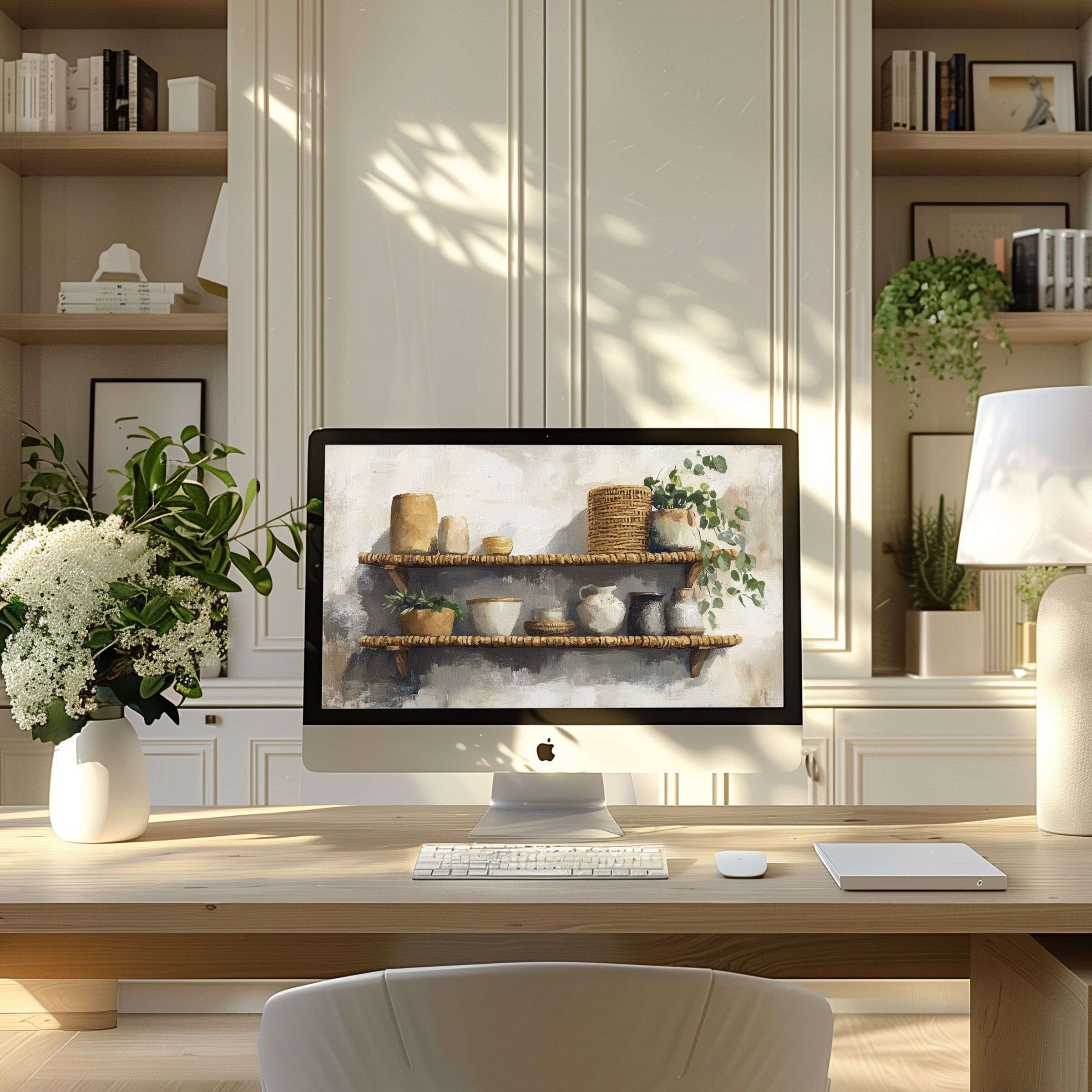 Elegant digital art with earthy tones as wallpaper for computer PC and Laptop in a serene modern home office setup
