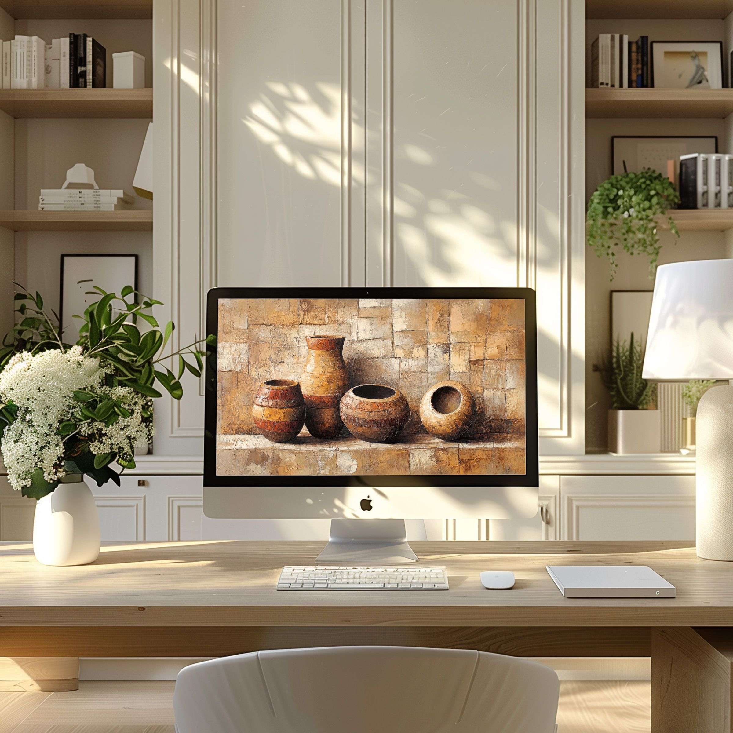 Elegant abstract art wallpaper for computer displaying warm tones on a PC in a modern home office, ideal for laptops and ultrawide screens