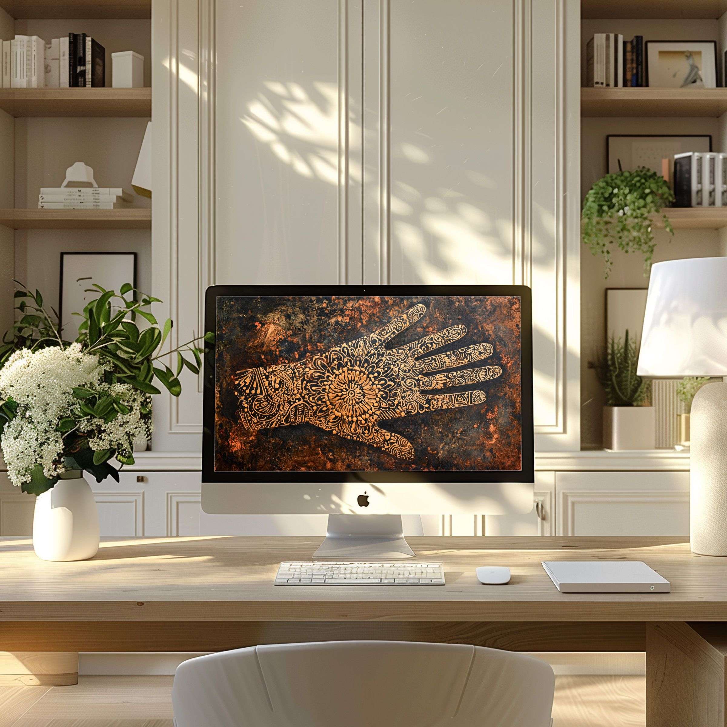 Elegant hand motif digital wallpaper for computer, ideal for PC and laptop, enhancing calm in a modern home office setting