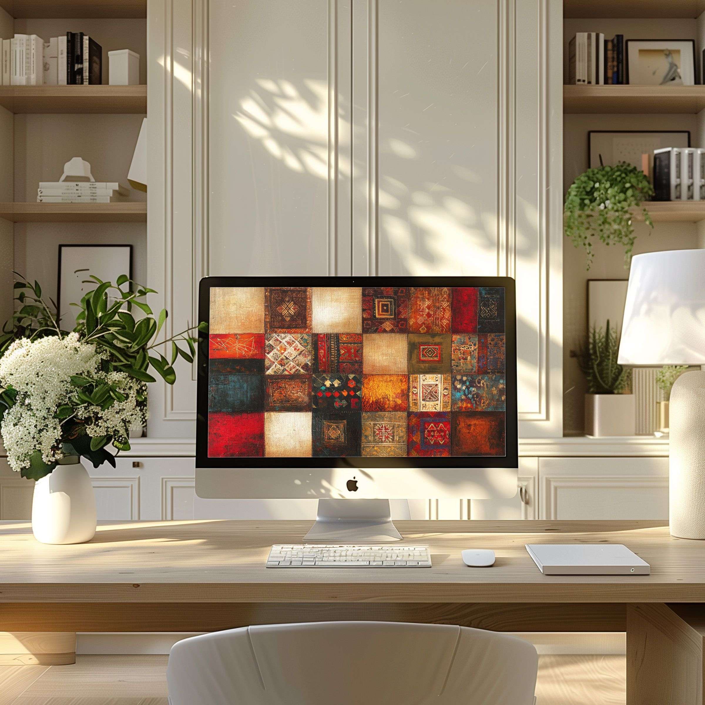 Elegant patchwork wallpaper for computer adds warmth and inspiration to your PC or laptop in a modern, calming home office