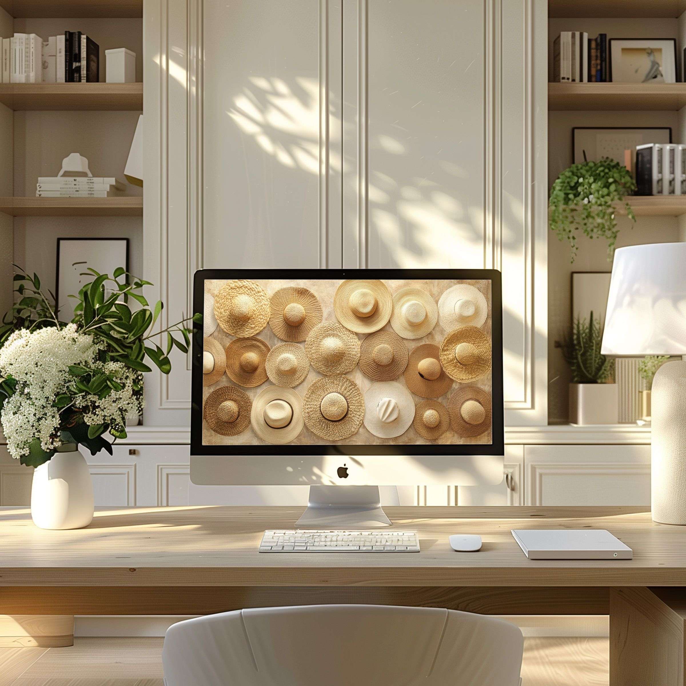 Elegant hat motif digital art for PC and Laptop offers calm inspiration as a wallpaper for computer in modern home office setting