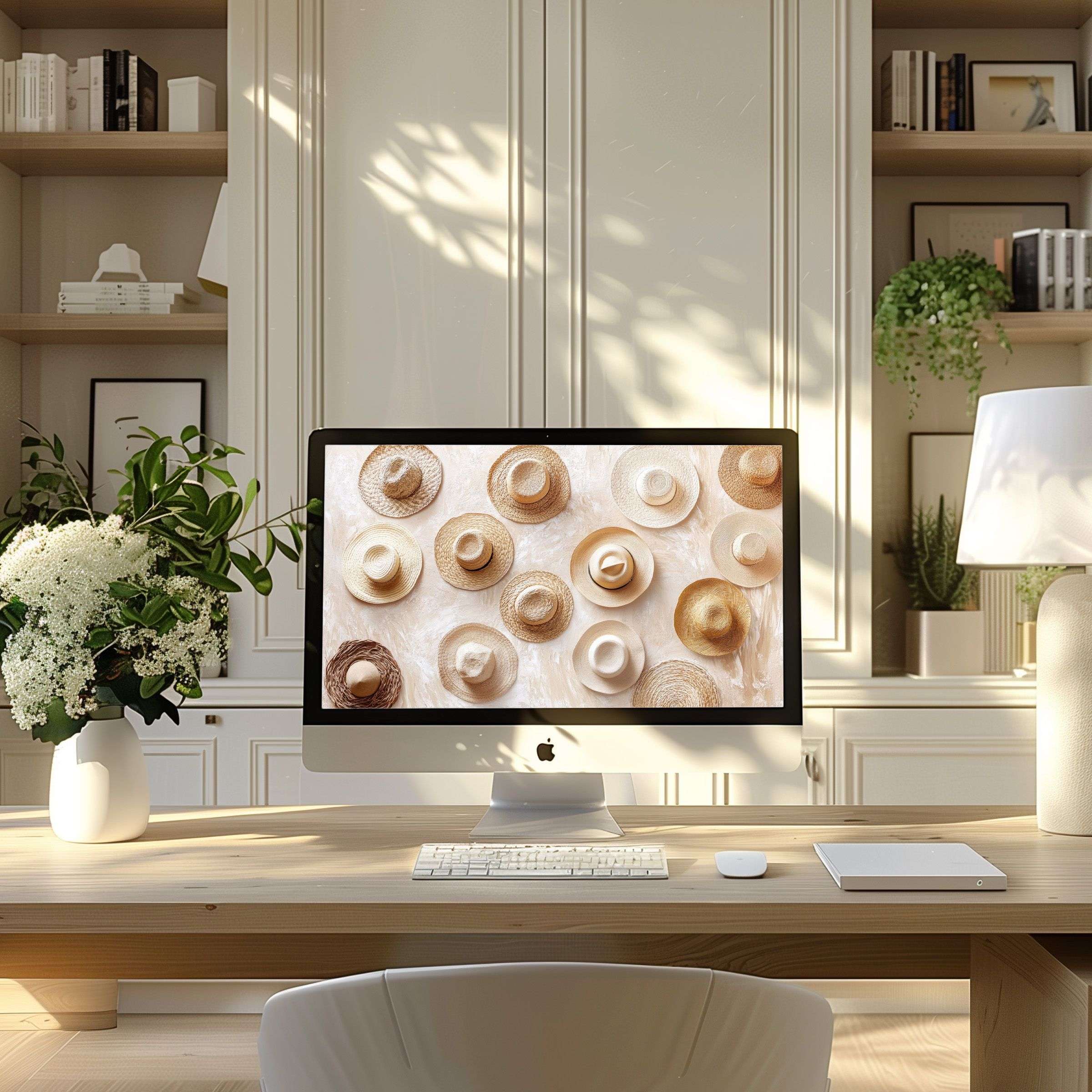 Elegant digital download featuring warm-toned hats creates a calm atmosphere, perfect as wallpaper for computer, PC, and laptop use