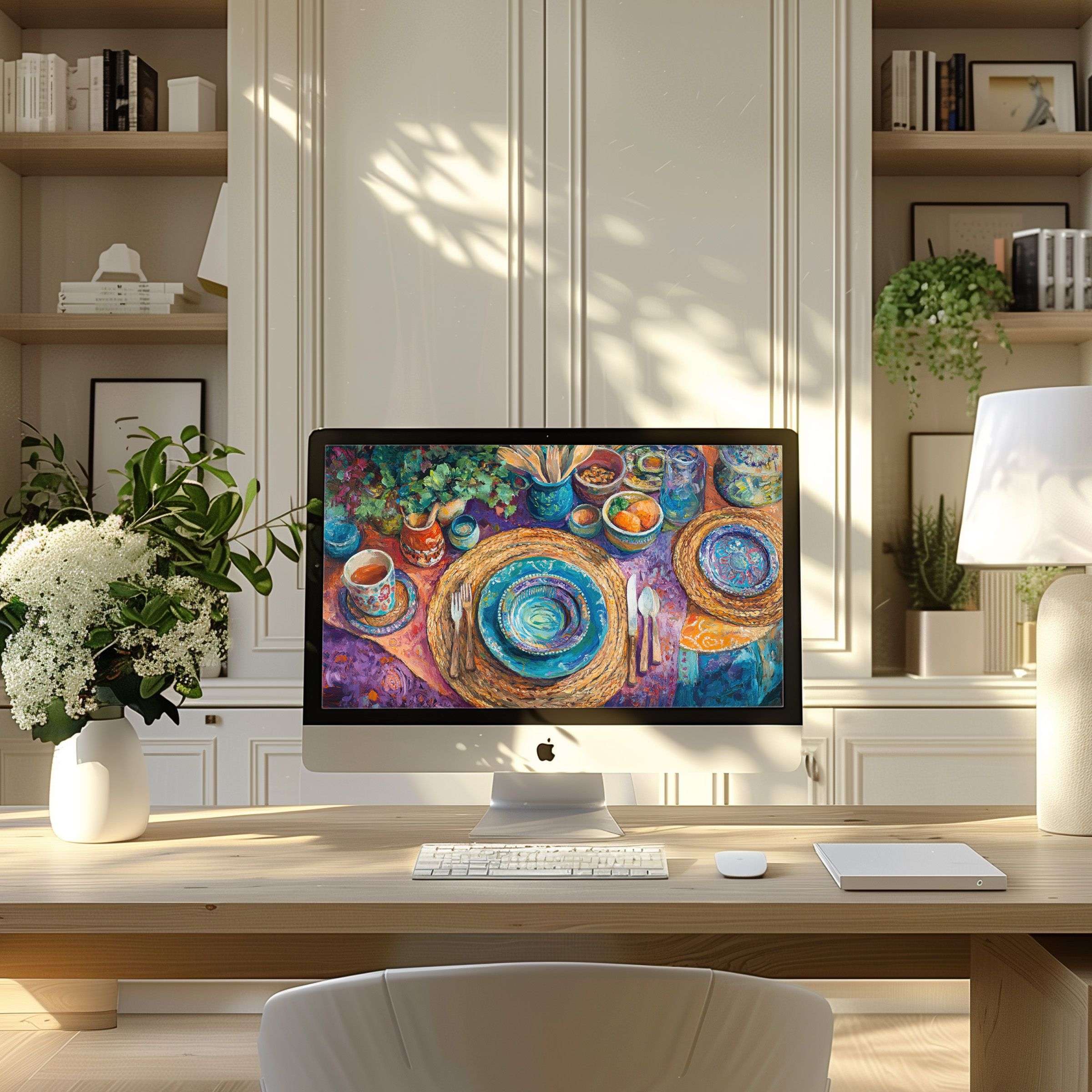 Elegant digital art wallpaper for computer showcasing vibrant colors fits PC, laptop, offering inspiration in a modern home office setup