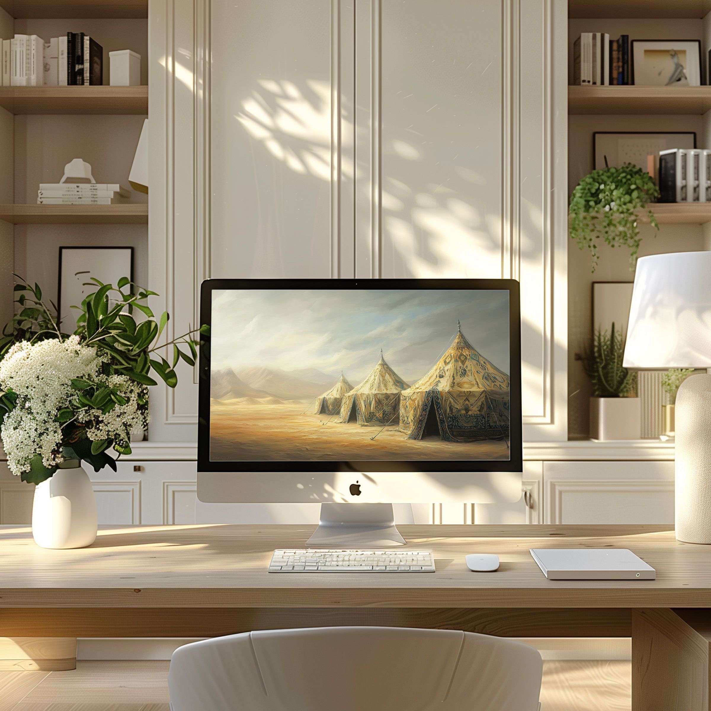 Inspiring desert tent digital art in modern home office, perfect wallpaper for computer, PC, or laptop, offering calm and elegance