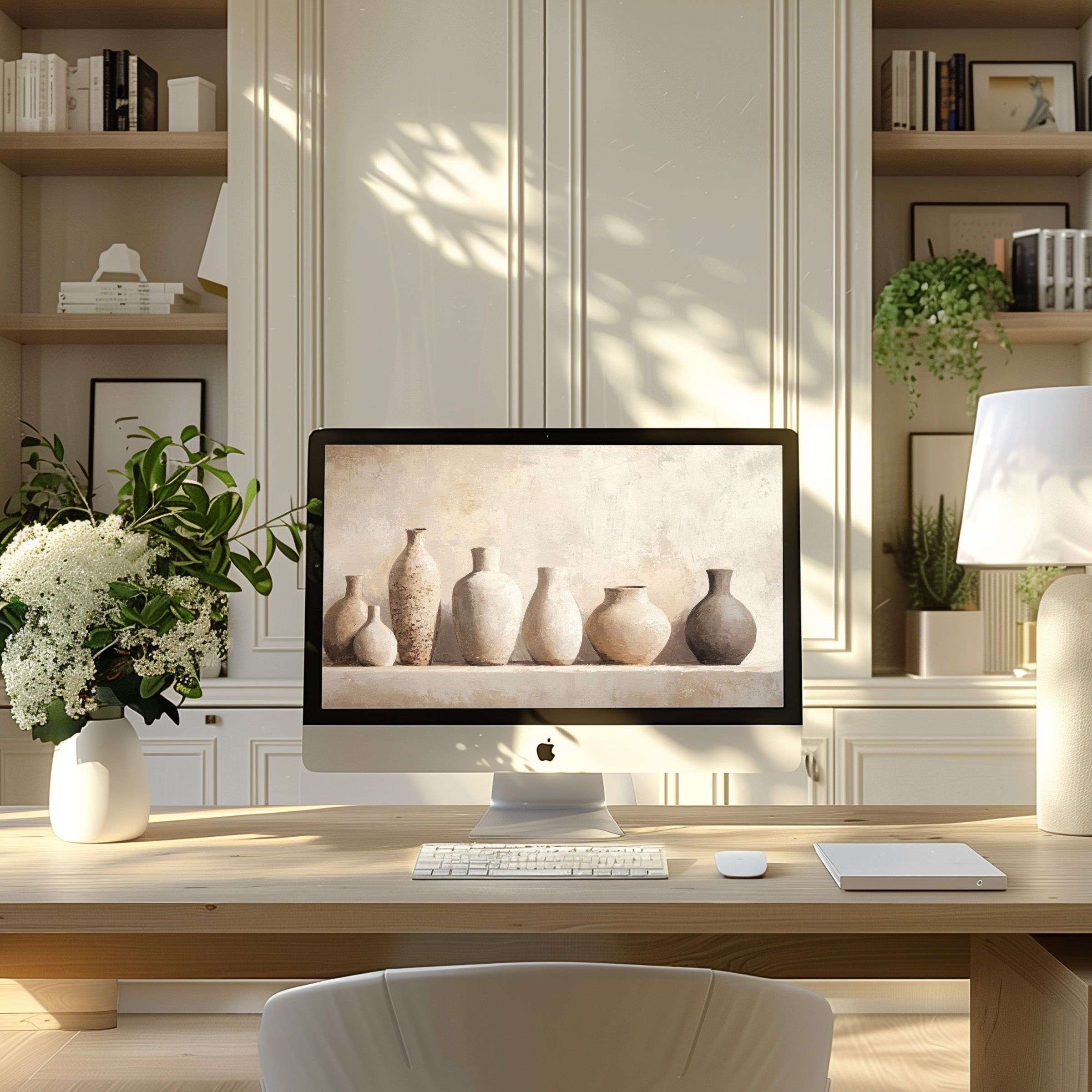 Elegantly minimal vase art wallpaper for computer inspires calm in modern home office setting, fitting PC, laptop, ultrawide screens
