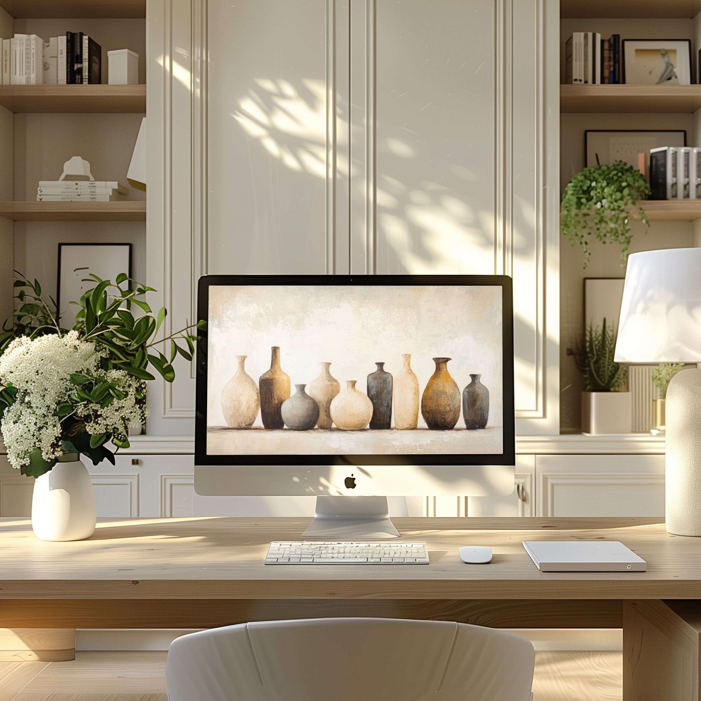 Elegant digital art of ceramic vessels on neutral background, perfect wallpaper for computer, PC, and laptop in serene home office