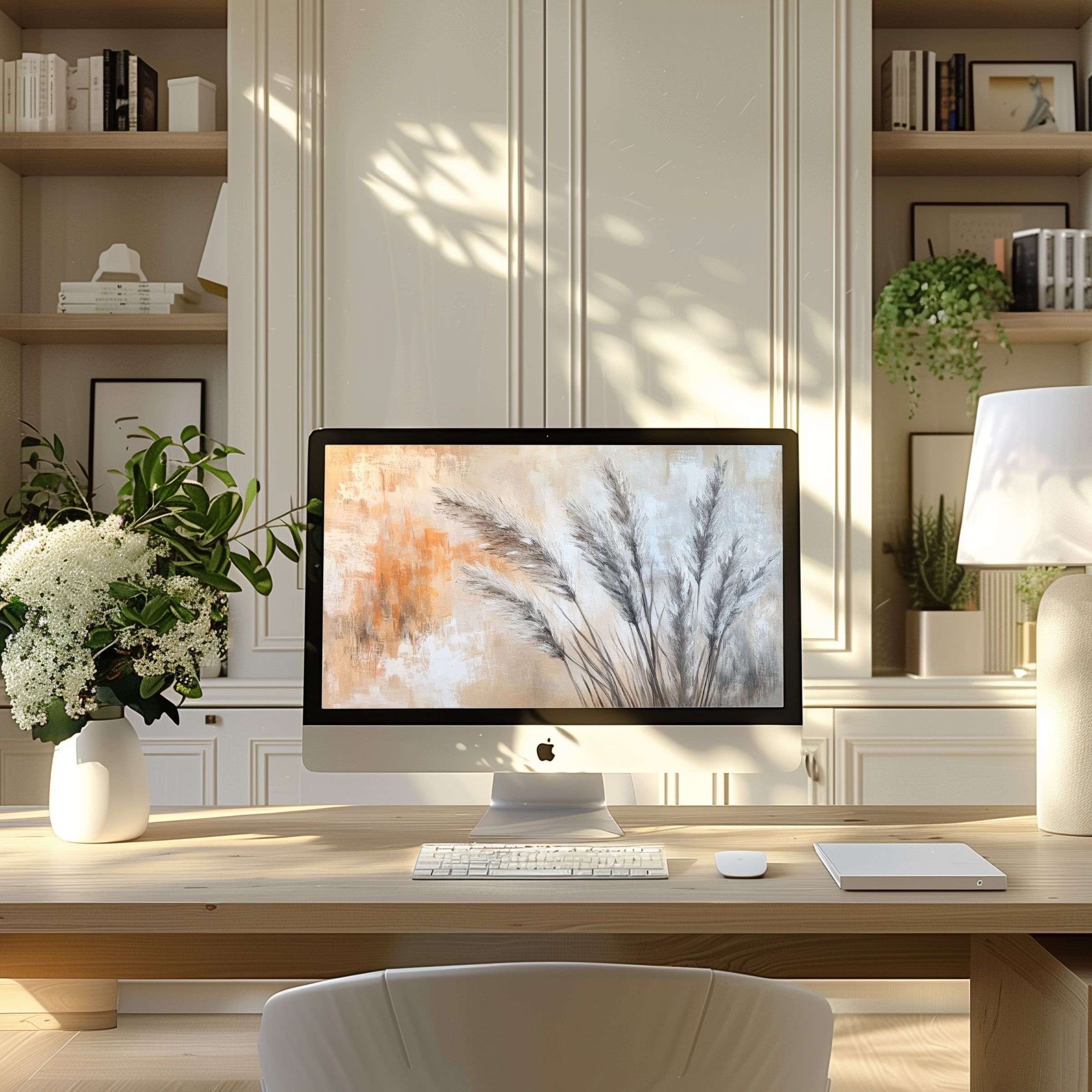 Serene beige and gray abstract art on PC, perfect wallpaper for computer and laptop, enhancing calm in modern home office ambiance