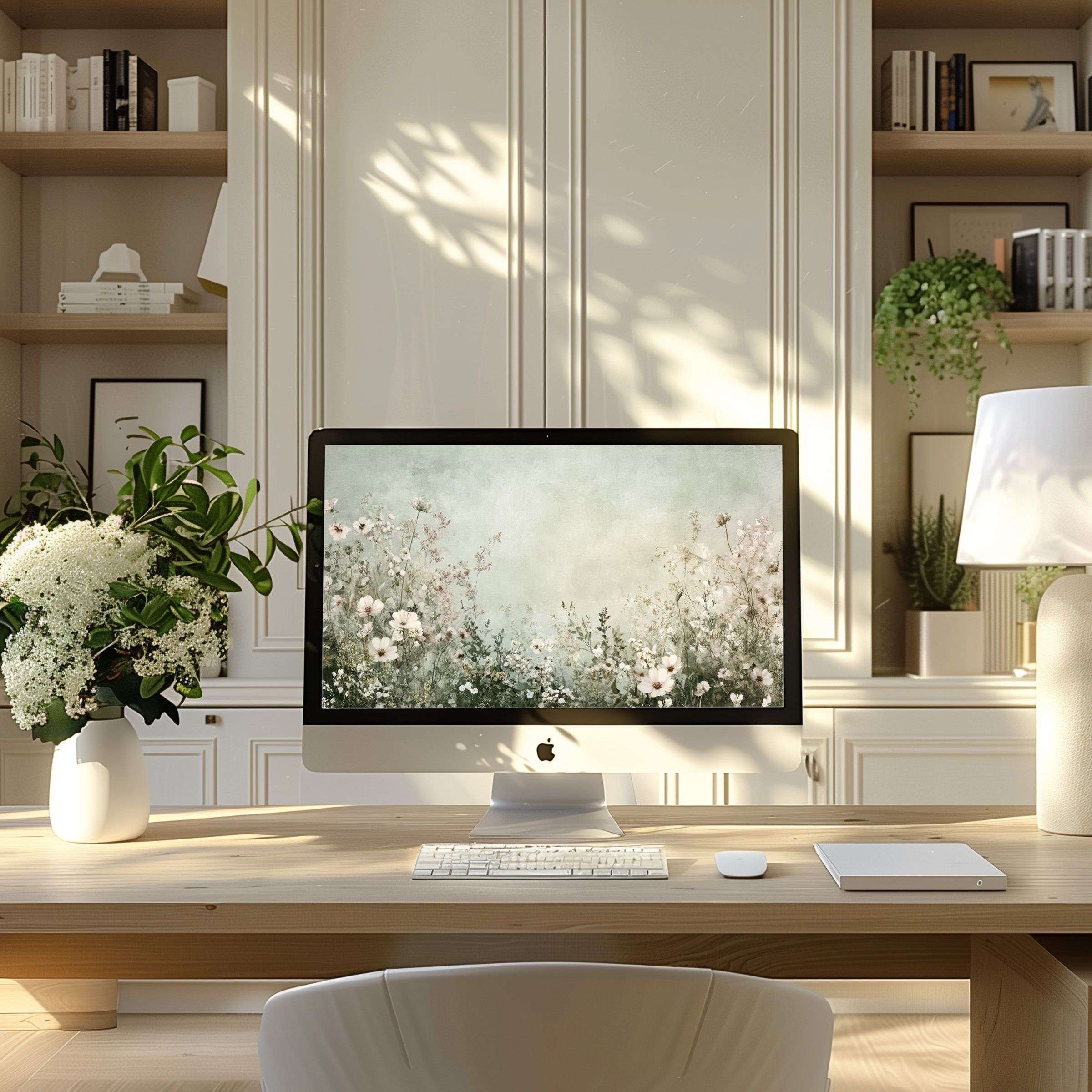 Elegant floral wallpaper for computer on a modern desk inspires calm, fits PC, laptop, ultrawide digital download