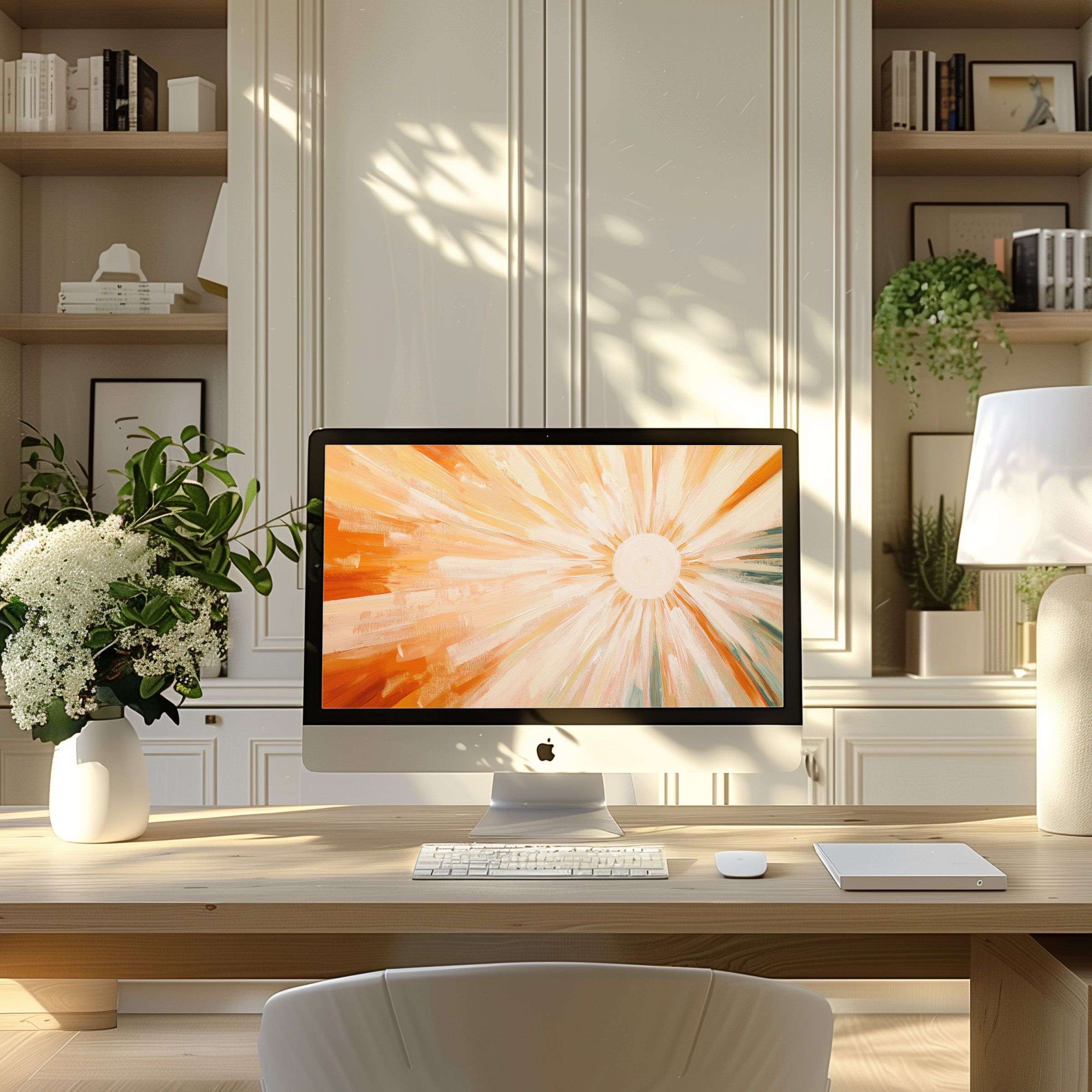 Elegant abstract sunburst artwork wallpaper for computer brings calm to a modern home office desk setup, perfect for PC and laptop