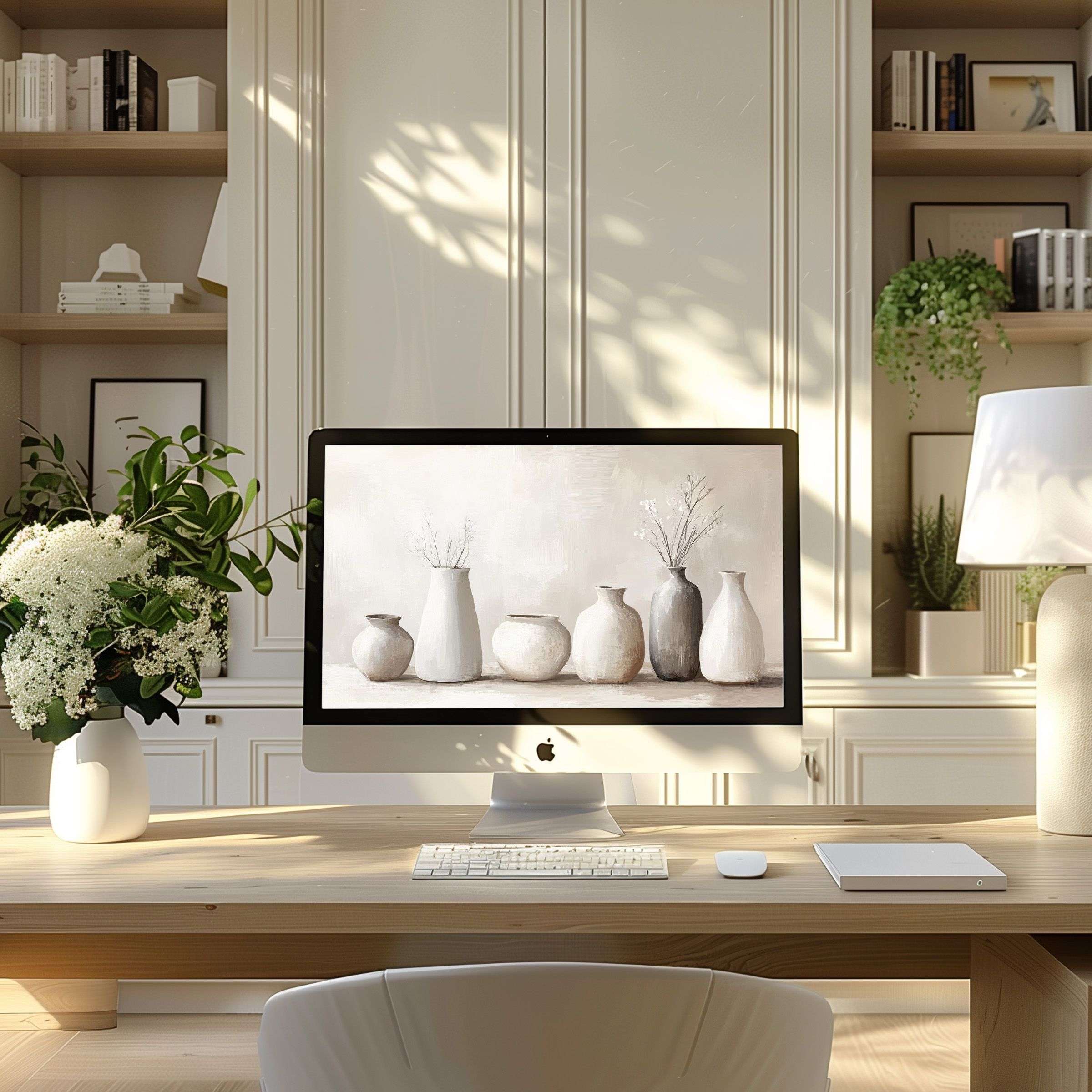 Elegant minimalist wallpaper for computer and Laptop, featuring soft neutral vases on a desk in a modern PC home office setting