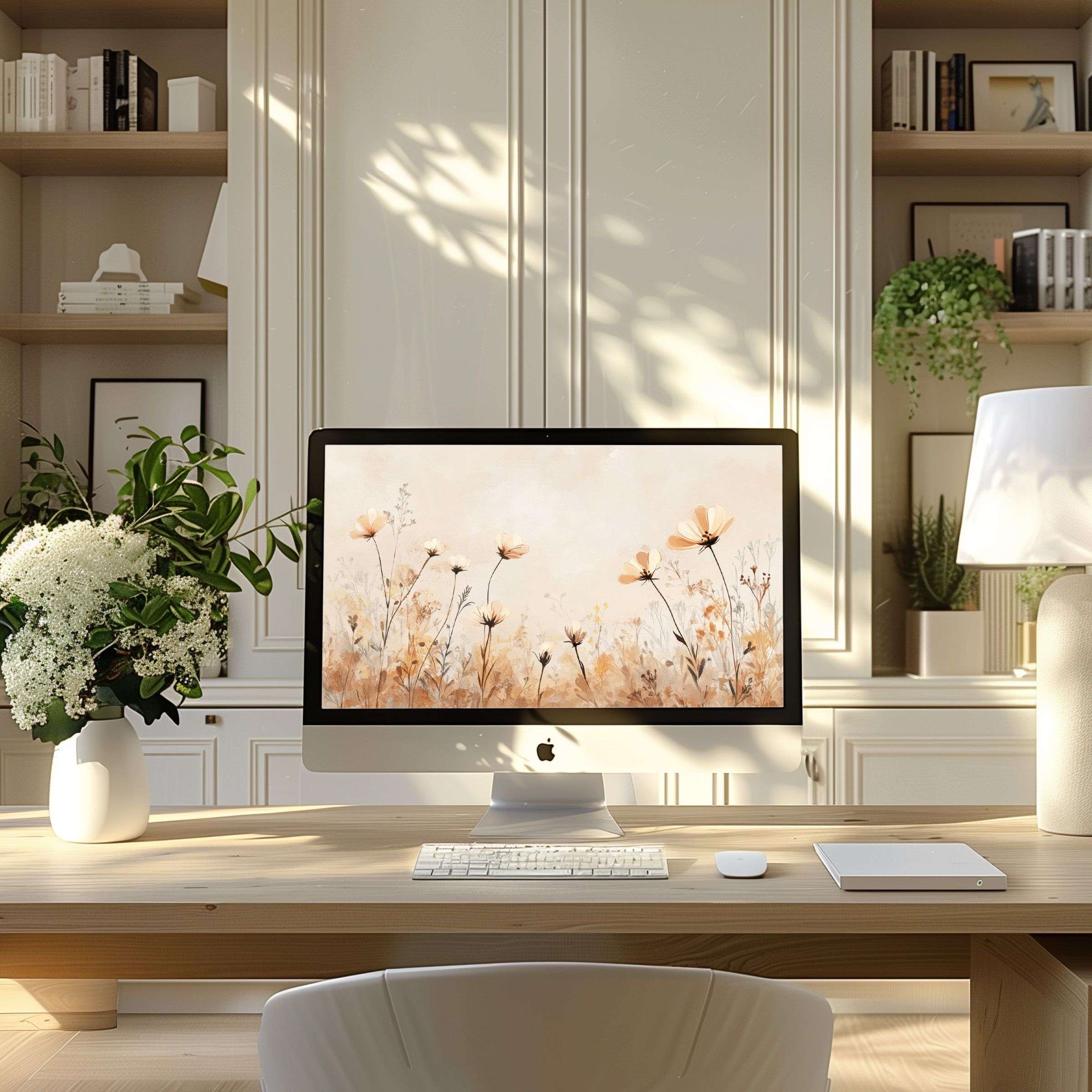 Serene floral wallpaper for computer in a chic home office elevates PC and laptop aesthetics, inspiring calm and elegance