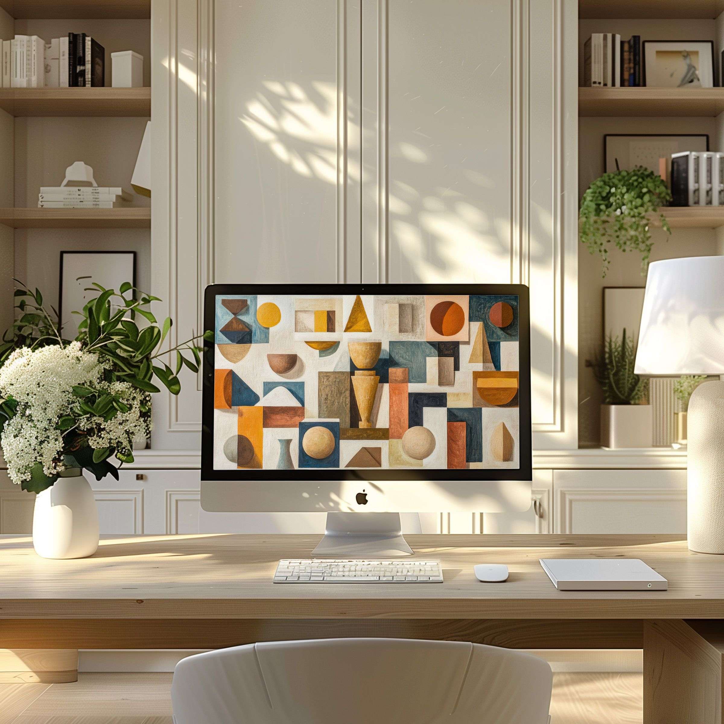 Contemporary abstract geometric art wallpaper for computer exudes elegance and calm, perfect for PC or laptop in a modern home office