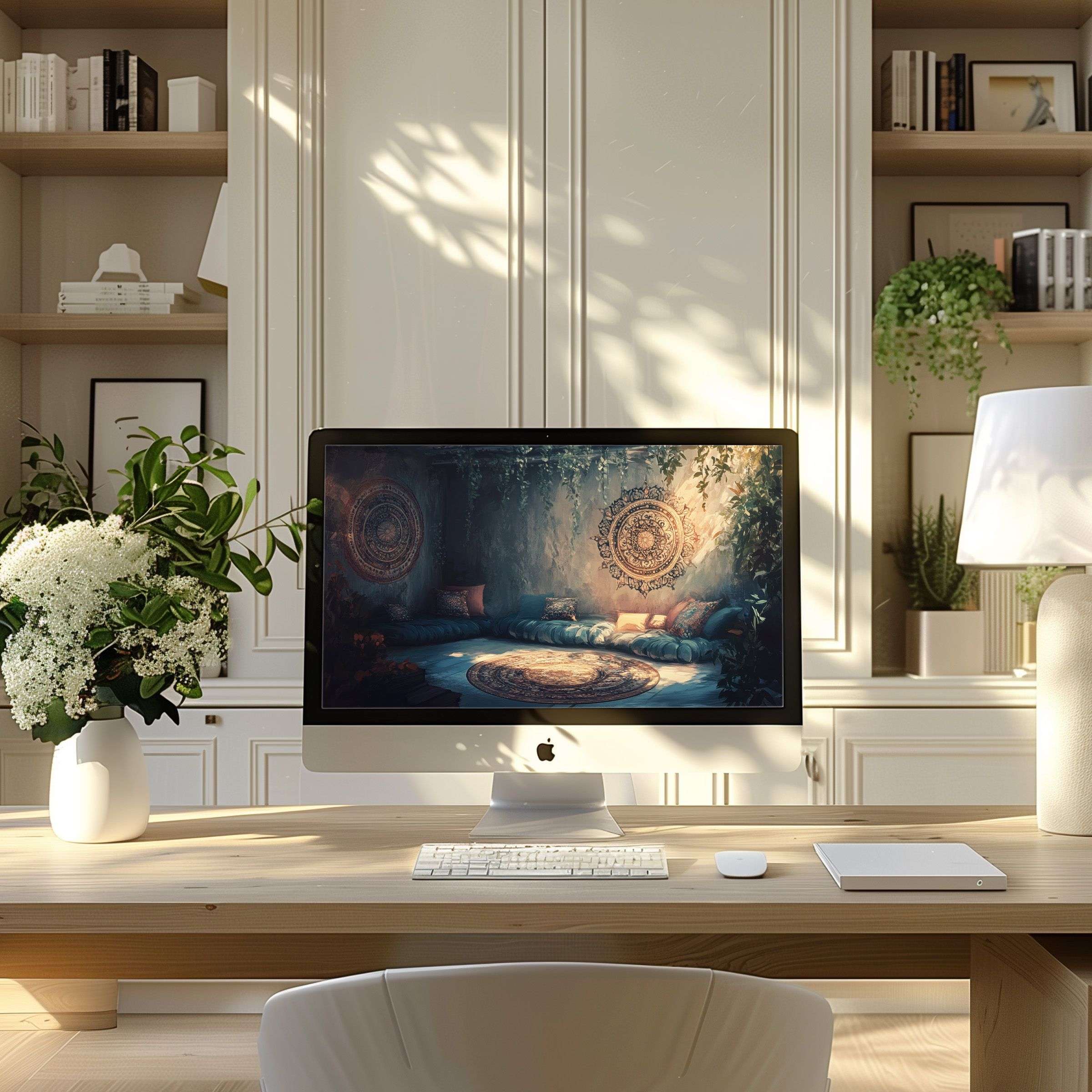 Elegant mandala artwork as a wallpaper for computer enhances a modern home office, perfect for PC or laptop digital download