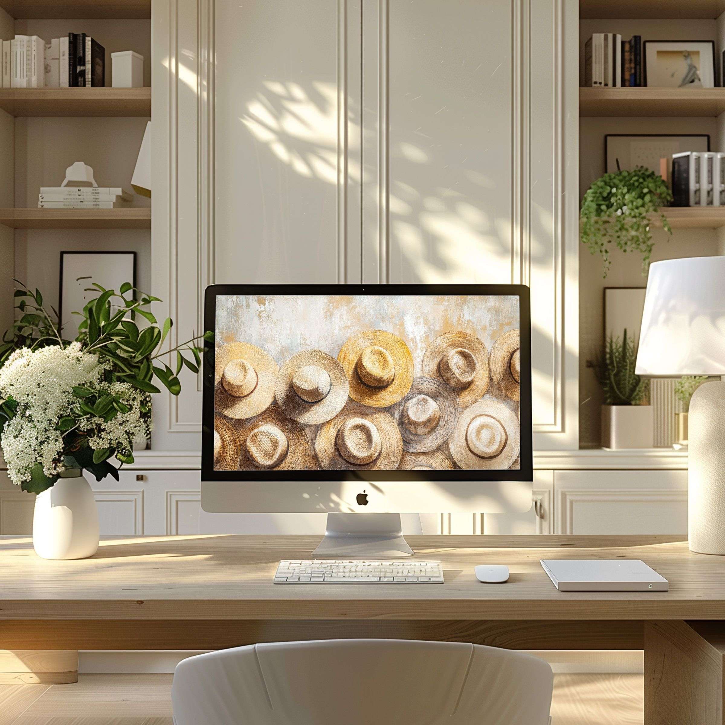 Elegant hat-themed digital art as a calming wallpaper for computer, PC, and laptop, perfect for modern home office inspiration