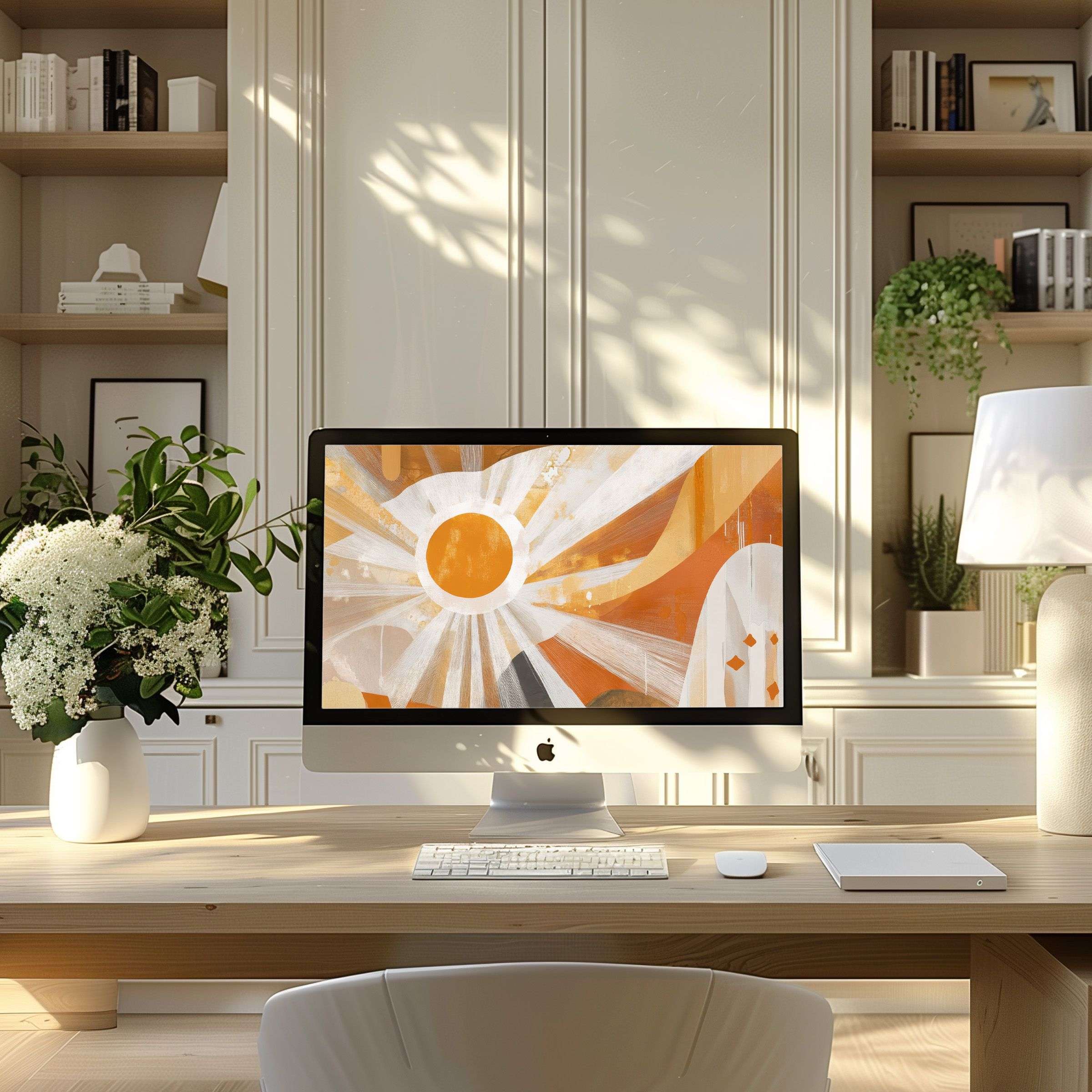Elegant abstract art in warm hues adorns modern home office, perfect wallpaper for computer, PC, laptop, inspiring calm ambiance