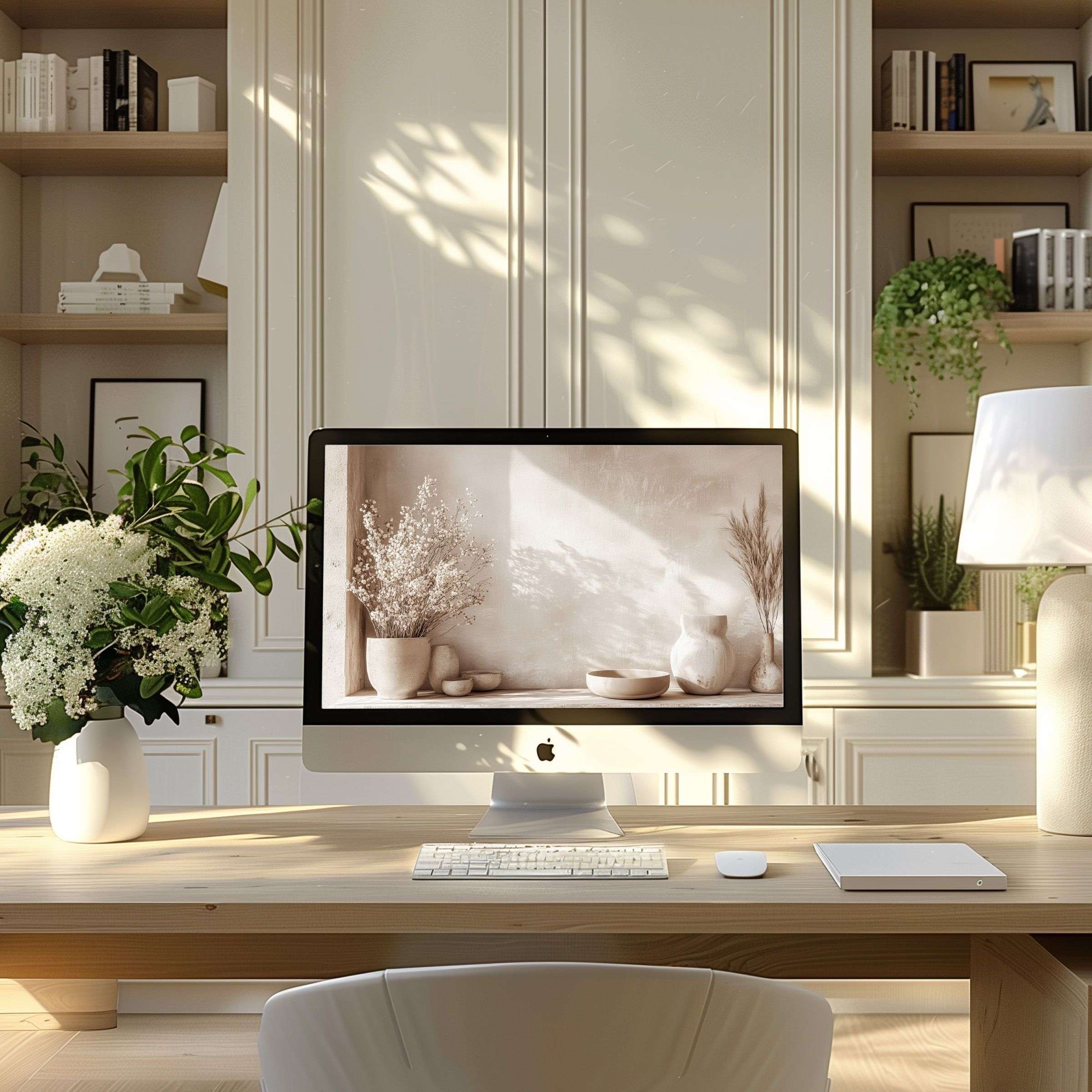 Elegant neutral-tone artwork on a computer screen enhances modern home office decor, ideal wallpaper for PC or laptop use