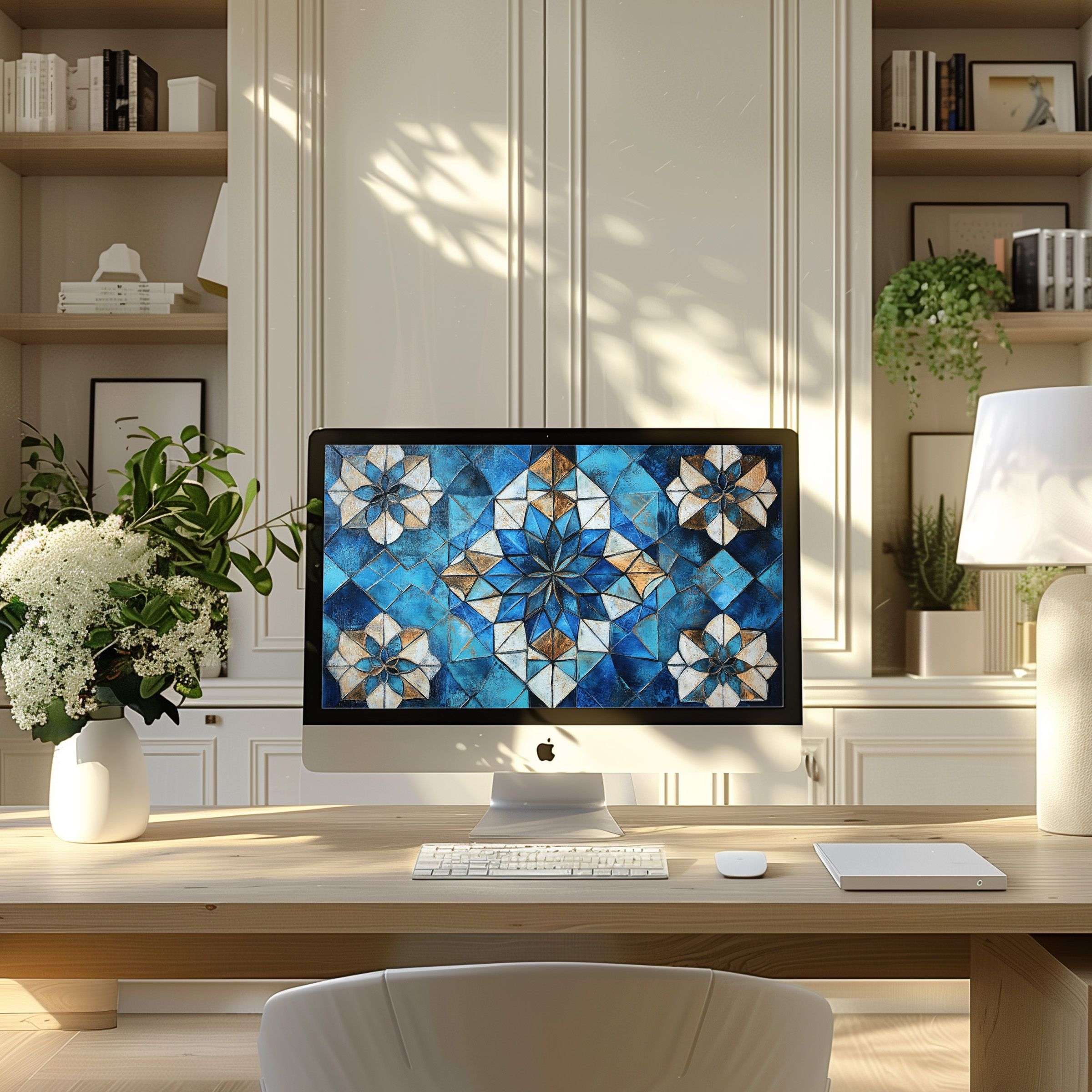Elegant blue geometric digital art as wallpaper for computer brings calm inspiration to modern home office fits PC Laptop ultrawide