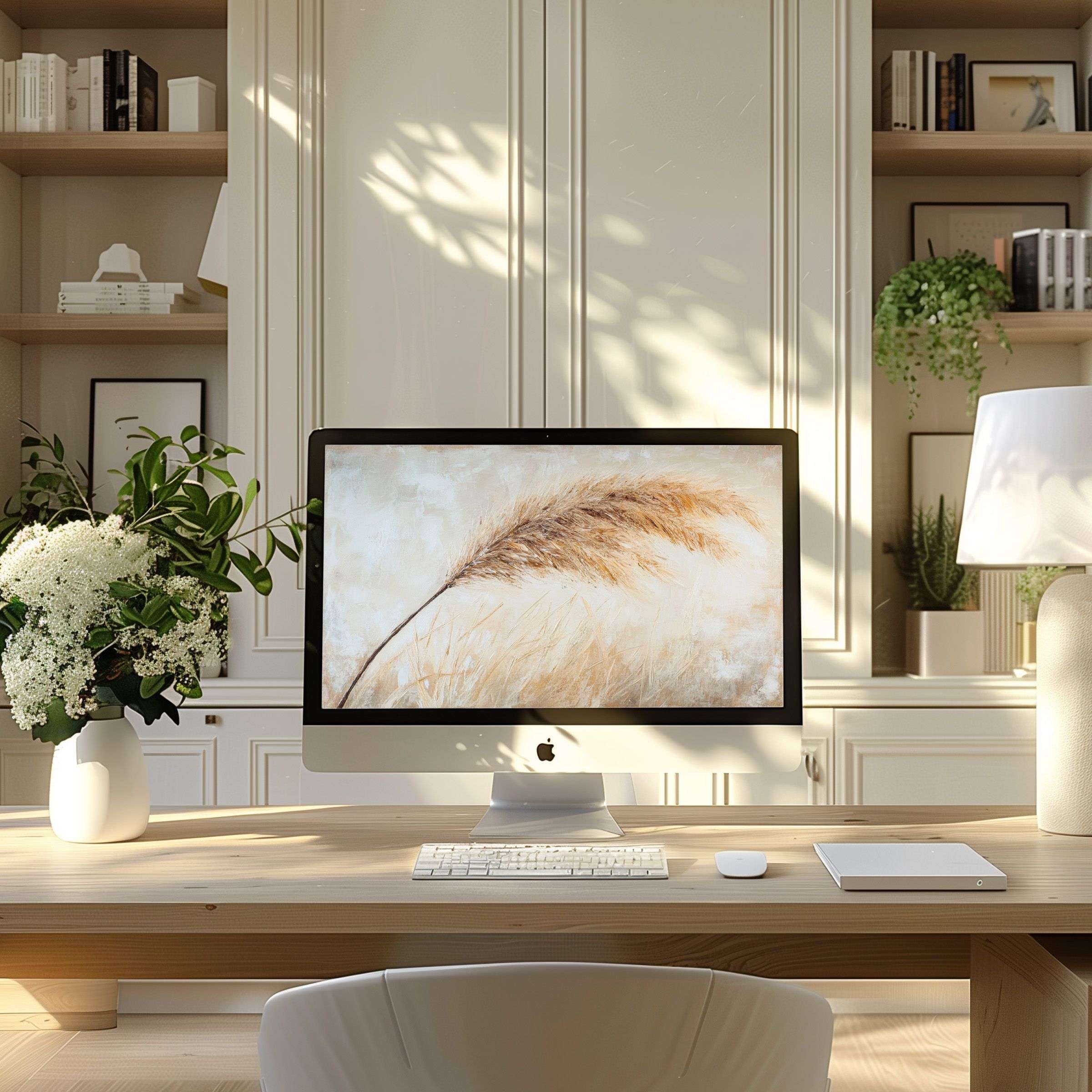 Serene wheat motif wallpaper for computer brings calming elegance to a modern home office, ideal for PC, laptop, and ultrawide screens