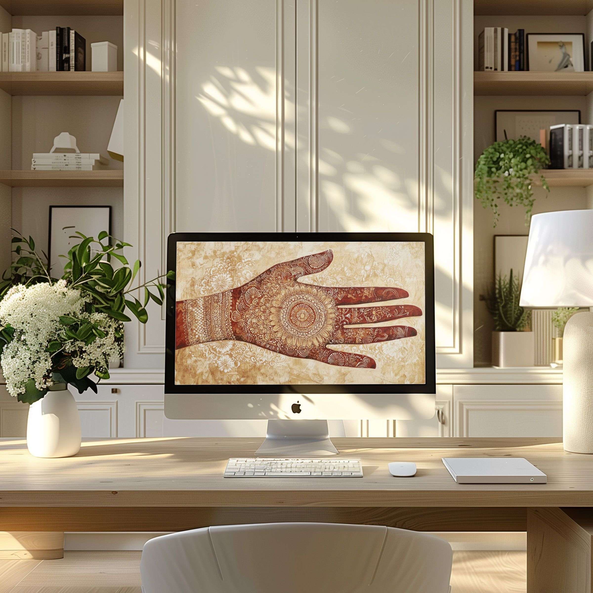 Elegant henna art wallpaper for computer transforms a modern home office into a calming, inspiring space for PC and laptop users