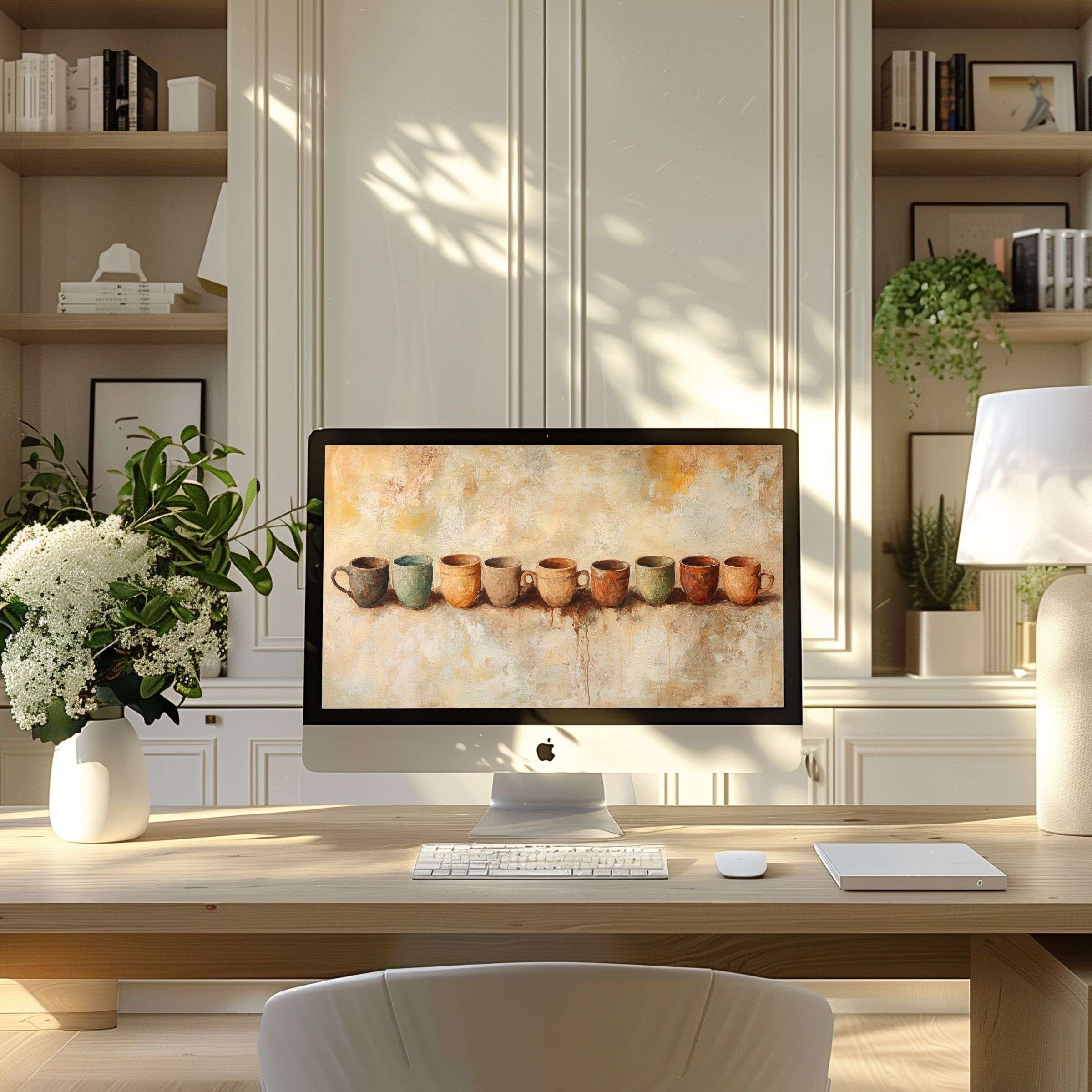 Elegant minimalist artwork featuring rustic cups creates calm inspiration as a wallpaper for computer PC and laptop digital download