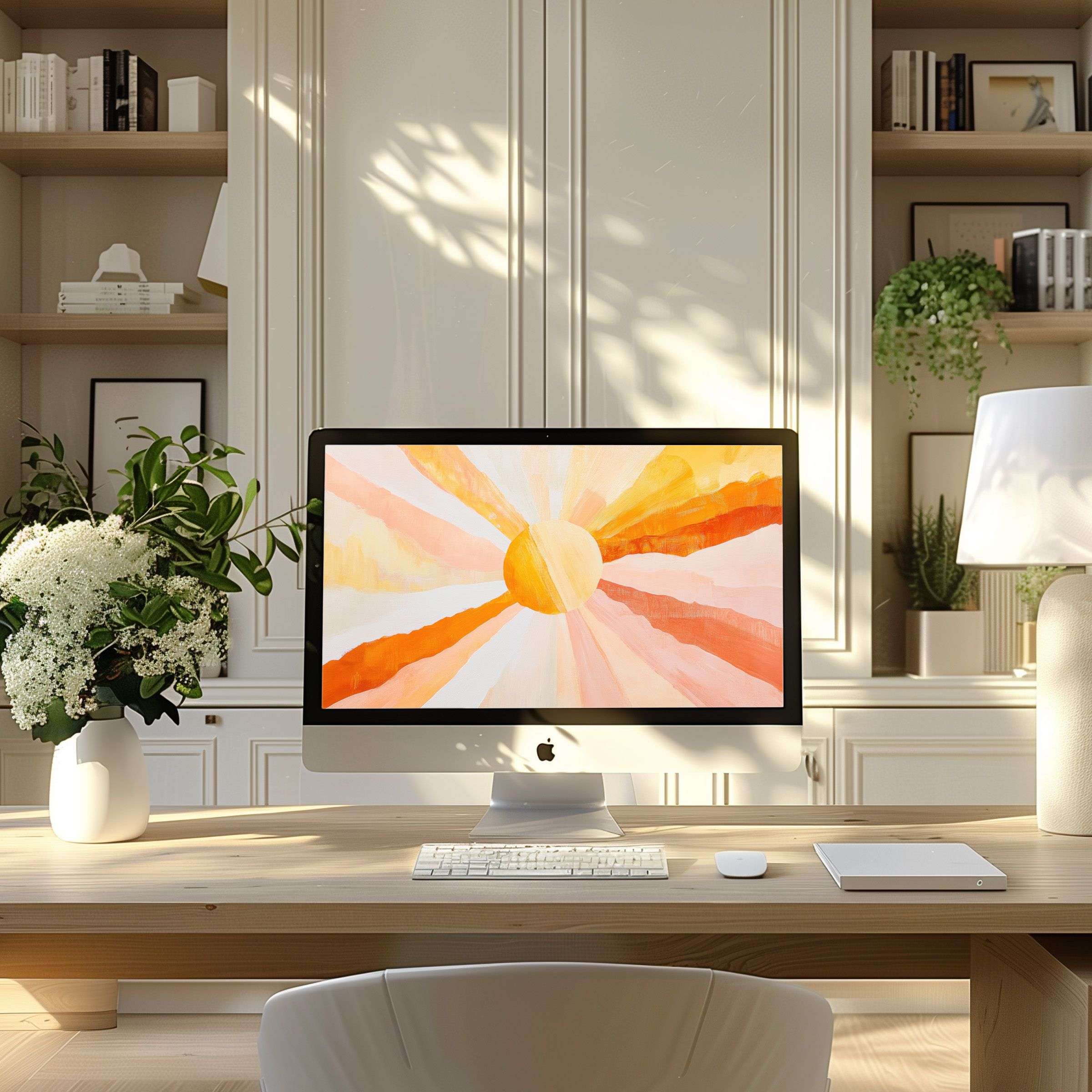 Sunrise-inspired digital art as wallpaper for computer, PC, and laptop, enhancing your modern home office with calm elegance