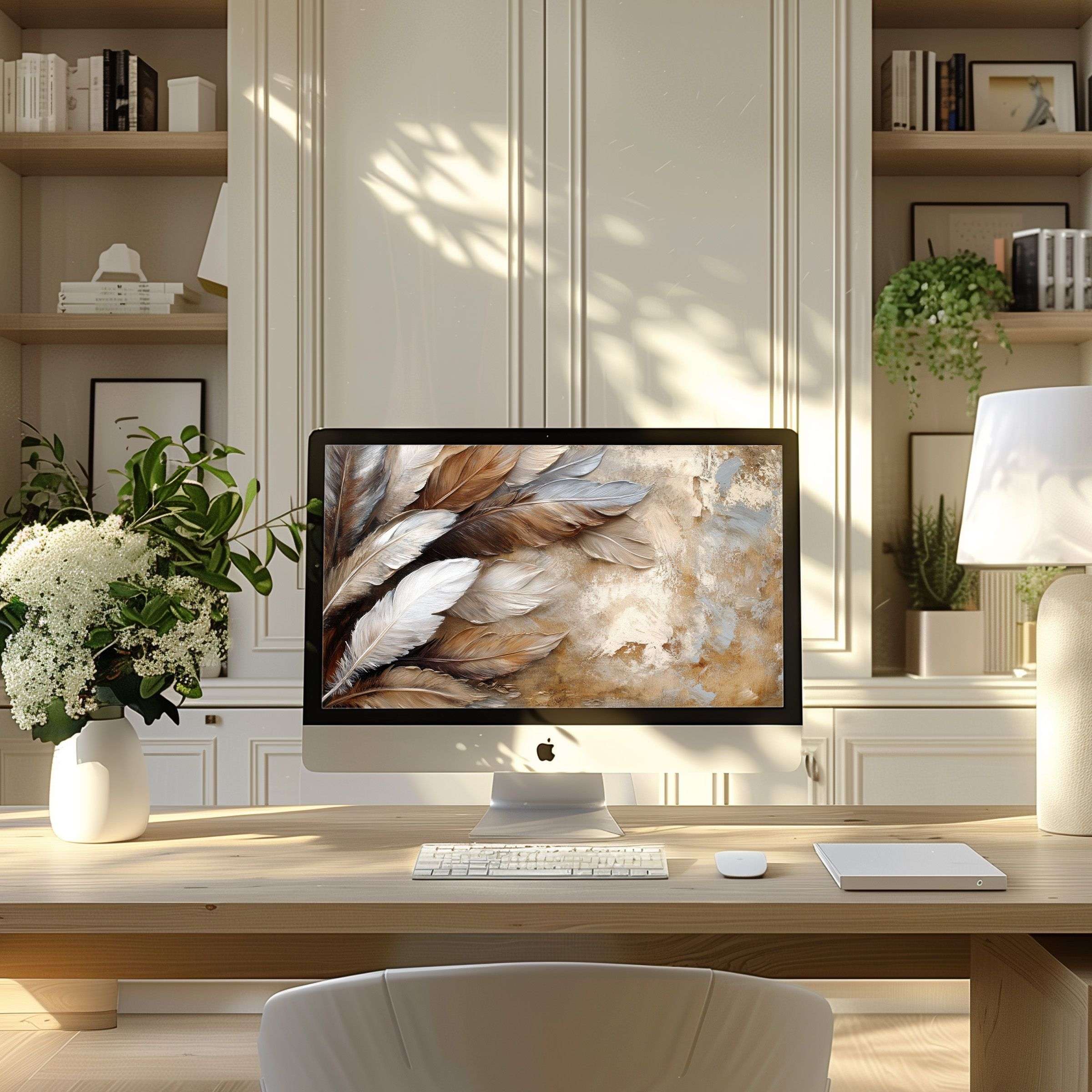 Elegant feather motif wallpaper for computer brings calm inspiration to your modern PC or laptop home office download now