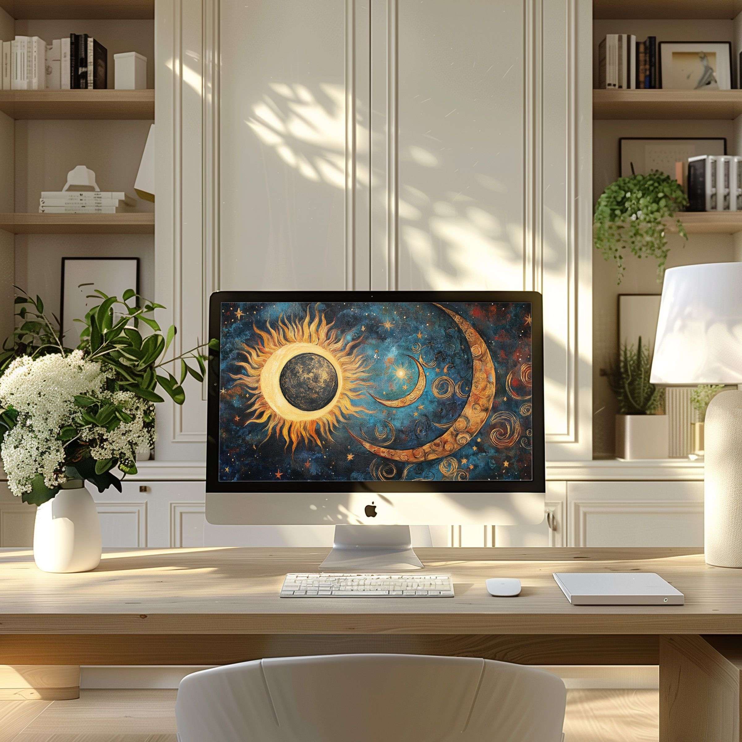 Elegant celestial digital art in warm tones, perfect wallpaper for computer, PC, or laptop in a serene, modern home office