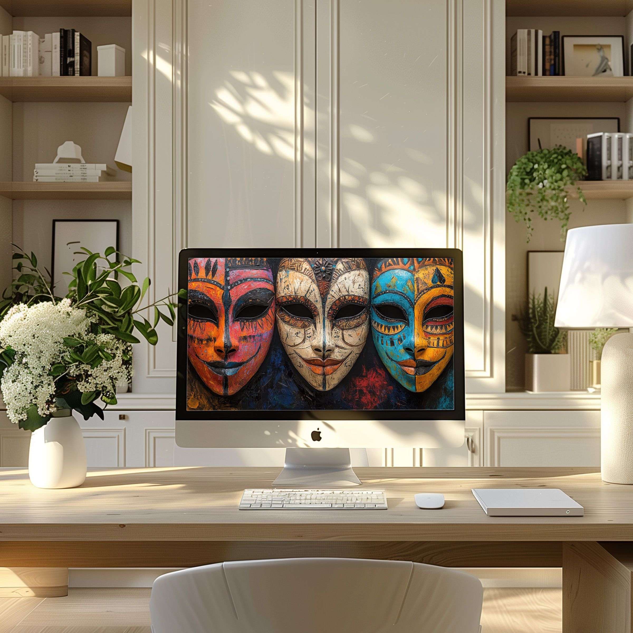 Elegant mask artwork wallpaper for computer creates inspiring, calm ambiance in modern home office fit for PC or Laptop download