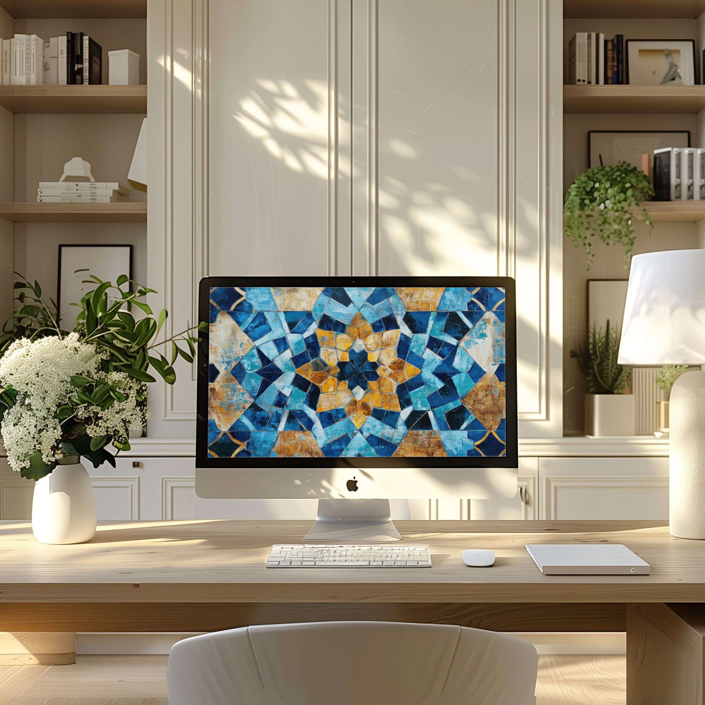 Inspiring geometric blue and gold wallpaper for PC and laptop adds elegance to a modern home office, perfect for digital download