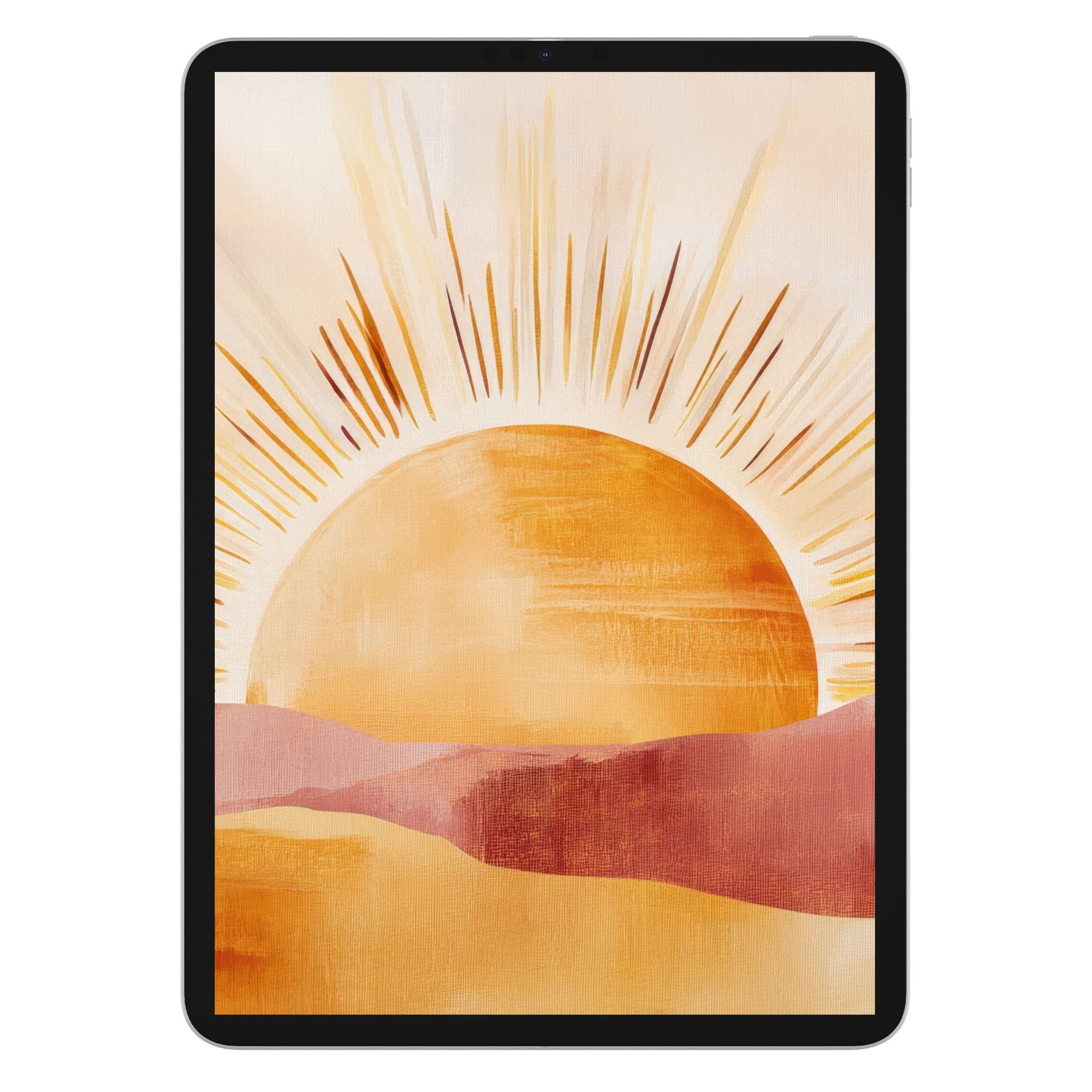 Warm boho iPad wallpaper featuring a golden sunburst over soft pink and orange hills, perfect digital download for tablet background