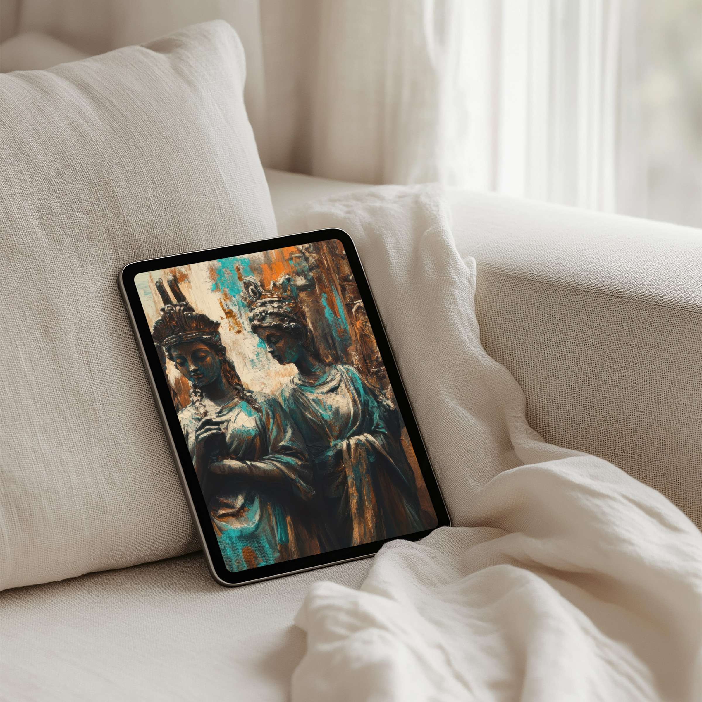 Elegant digital art capturing serene bronze statues enhances a cozy iPad background for instant download, fitting any tablet