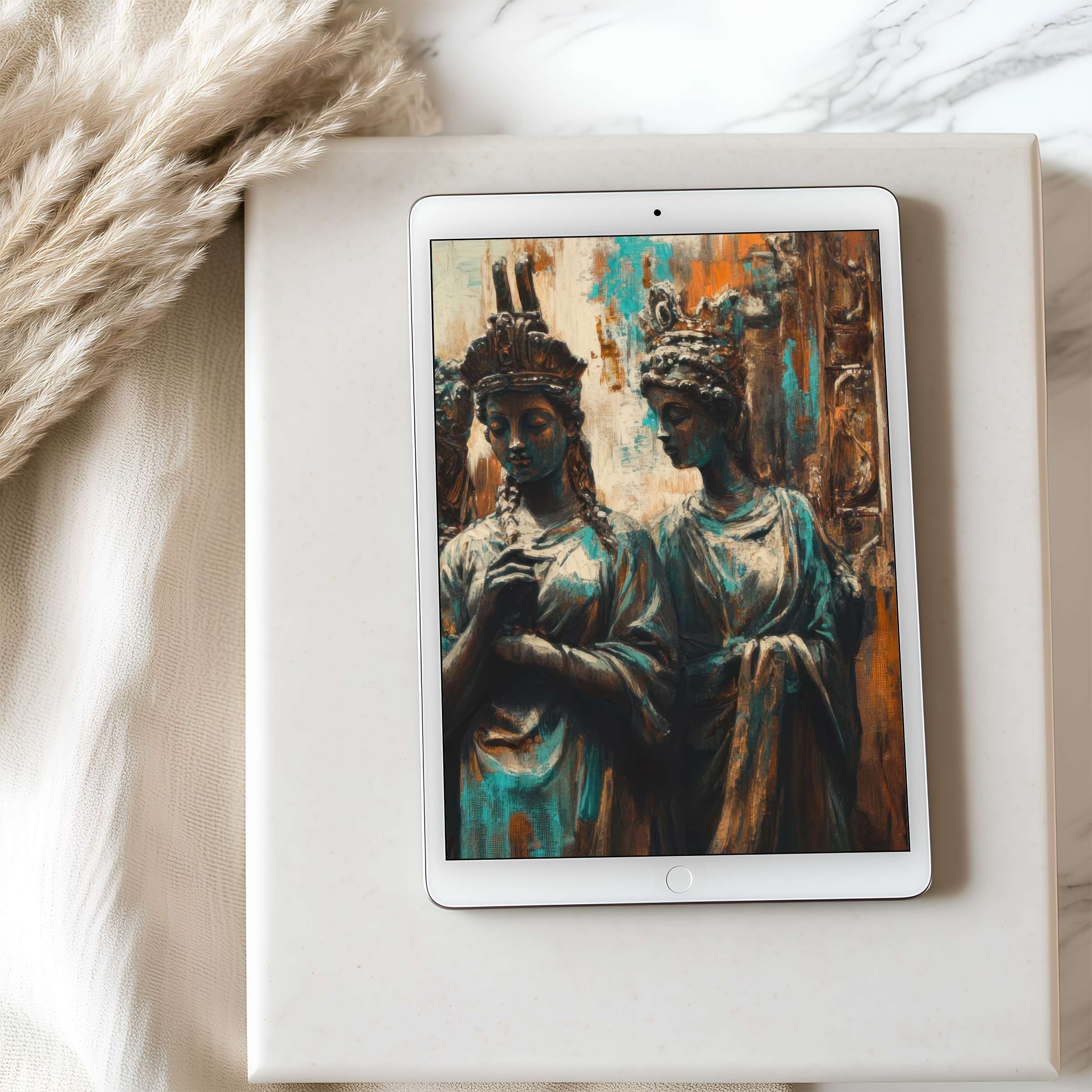 Elegant tablet wallpaper showcasing serene classical figures in earthy blue tones, perfect for high resolution iPad digital download