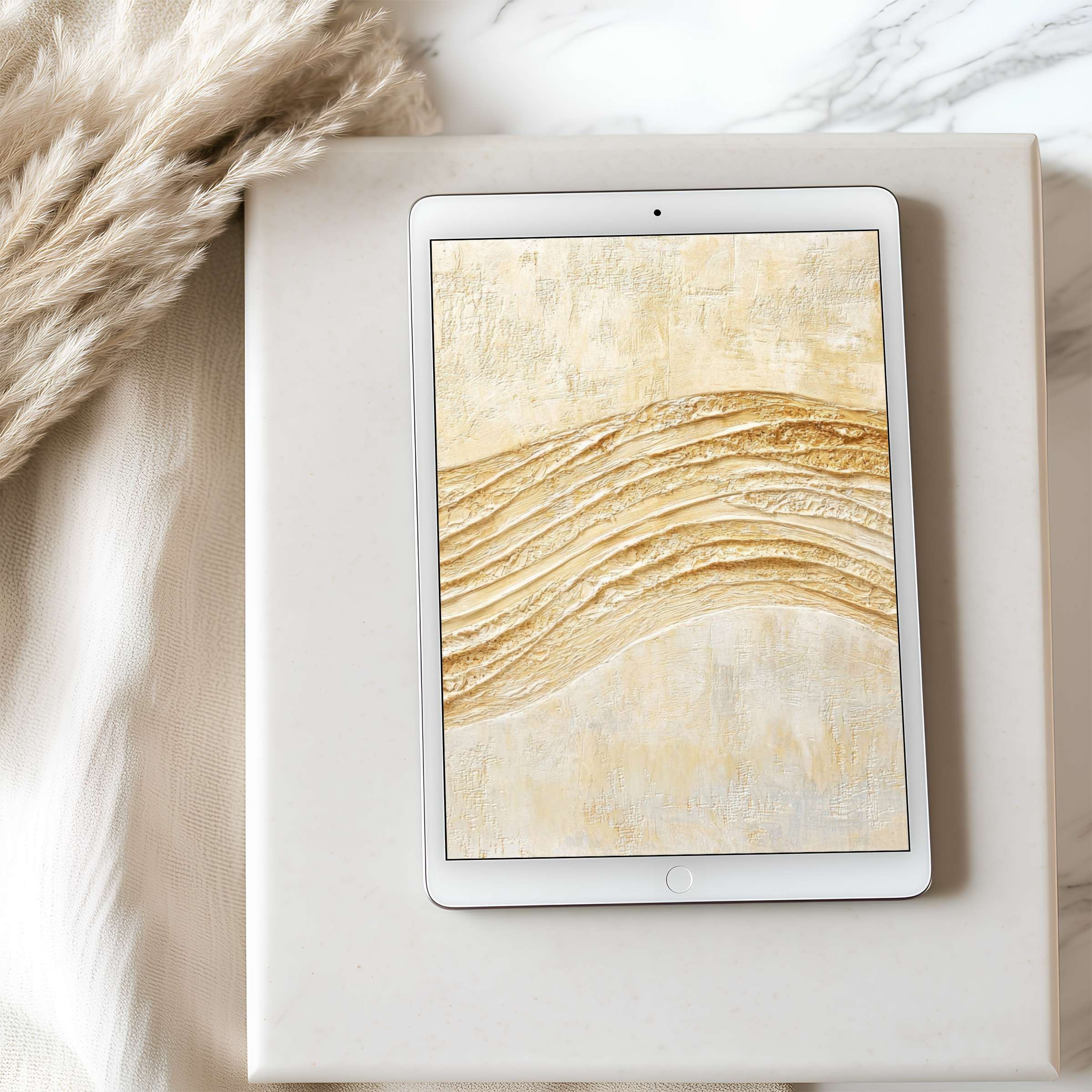 Elegant tablet wallpaper featuring soft beige abstract waves on a high-resolution surface, perfect for iPad and Android digital download