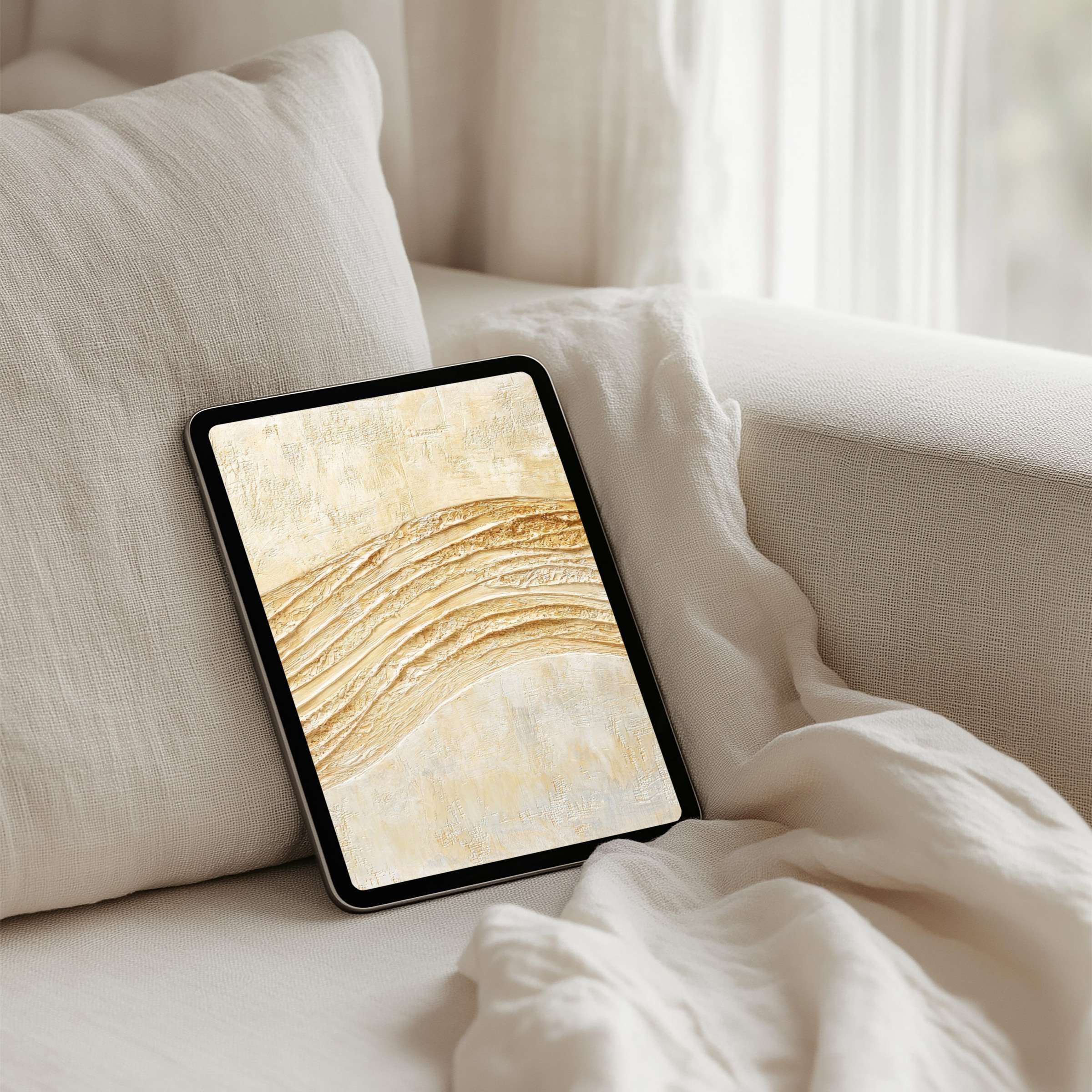 Elegant iPad background with textured golden waves evokes serenity and fits your tablet devices for an instant download