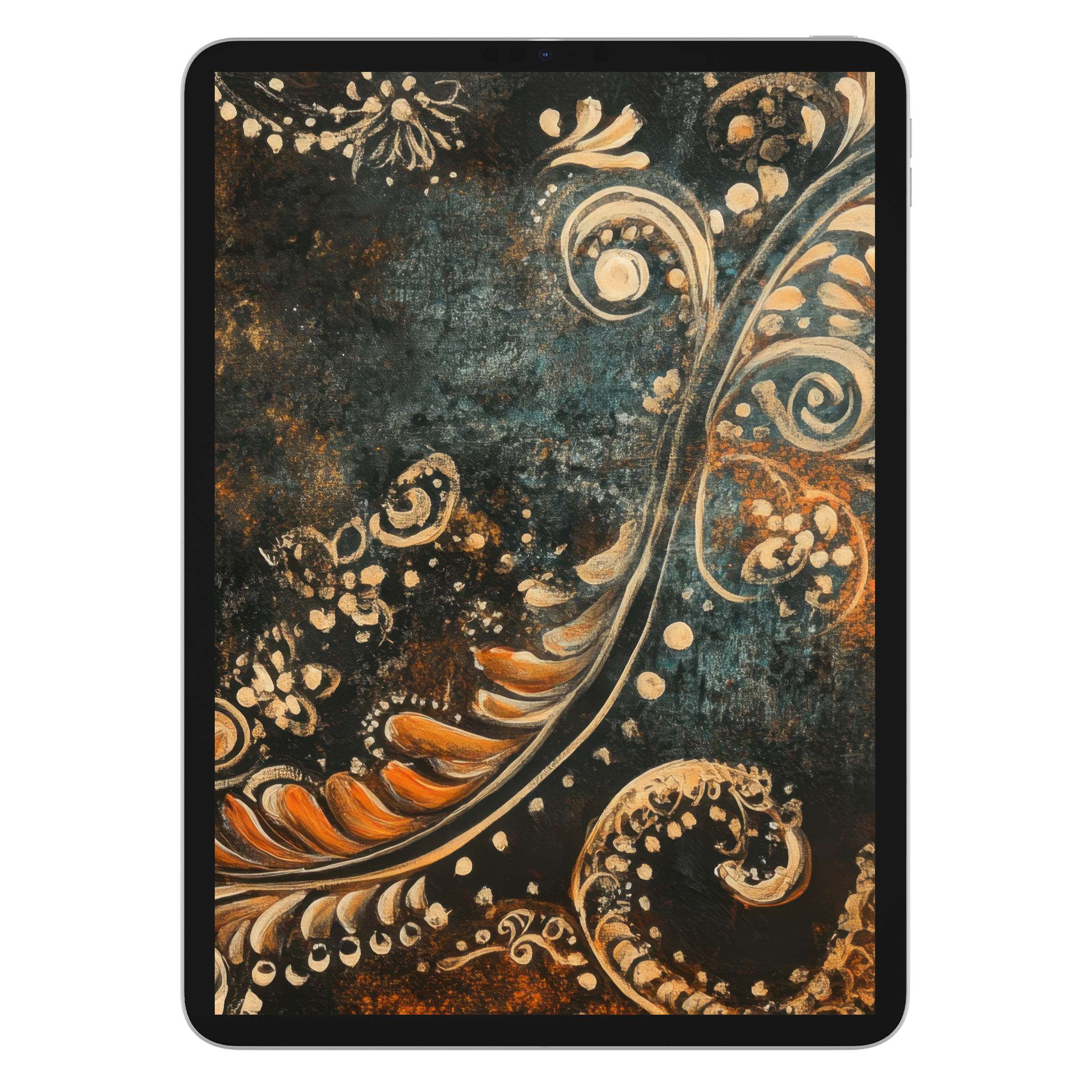 Elegant boho iPad wallpaper with rich teal and burnt orange swirls, perfect digital download background for any tablet user