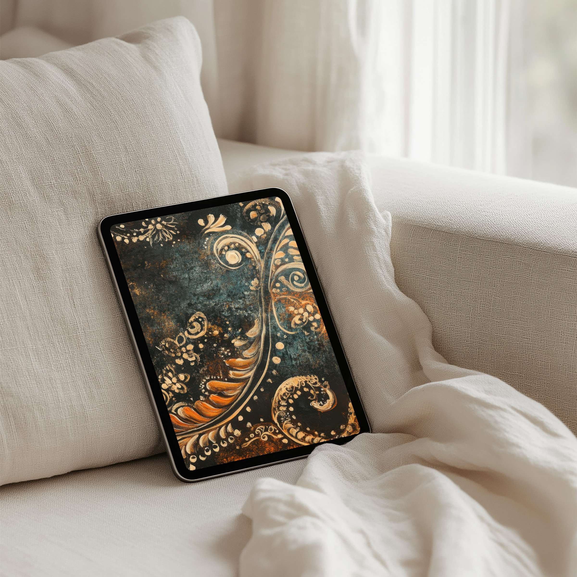 Elegant swirling patterns in gold and navy create a calming iPad background for tablet use with instant download availability