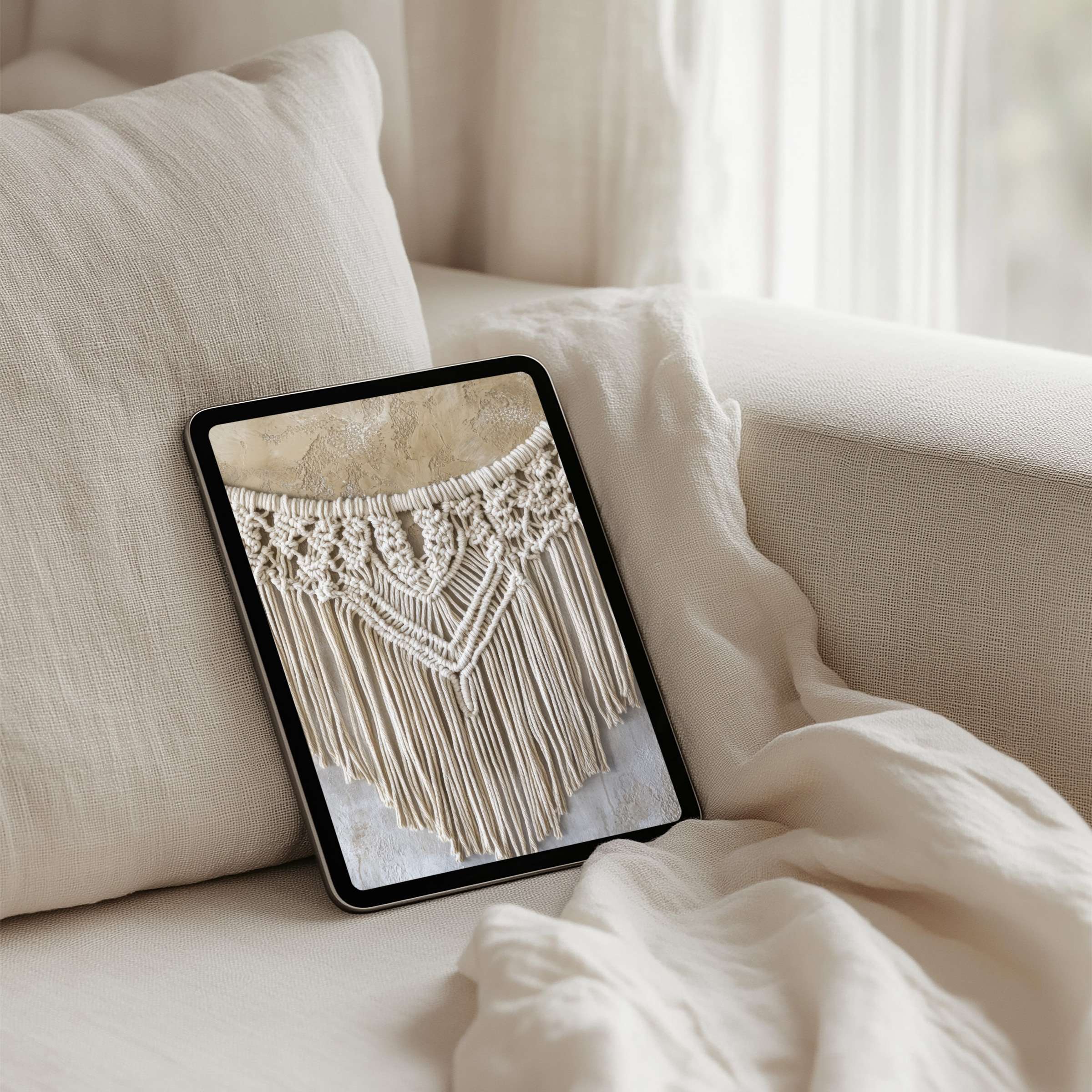 Elegant iPad background featuring intricate macramé design evokes calm and mindfulness instant download for any tablet decor lover