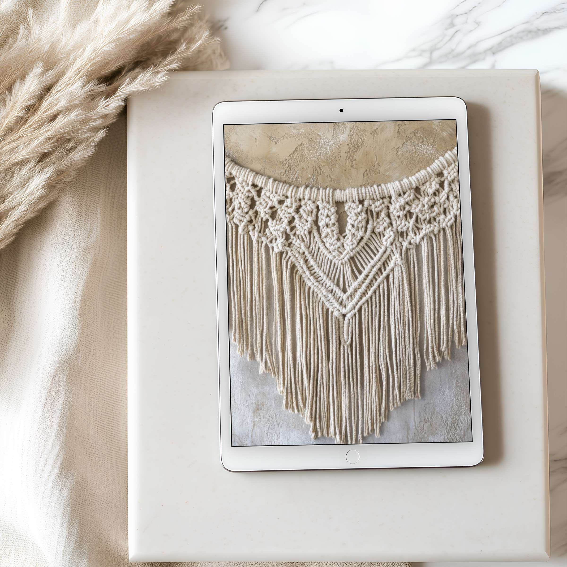 Curated tablet wallpaper featuring elegant beige macramé art, perfect for iPad and Android tablets, offering a serene digital download