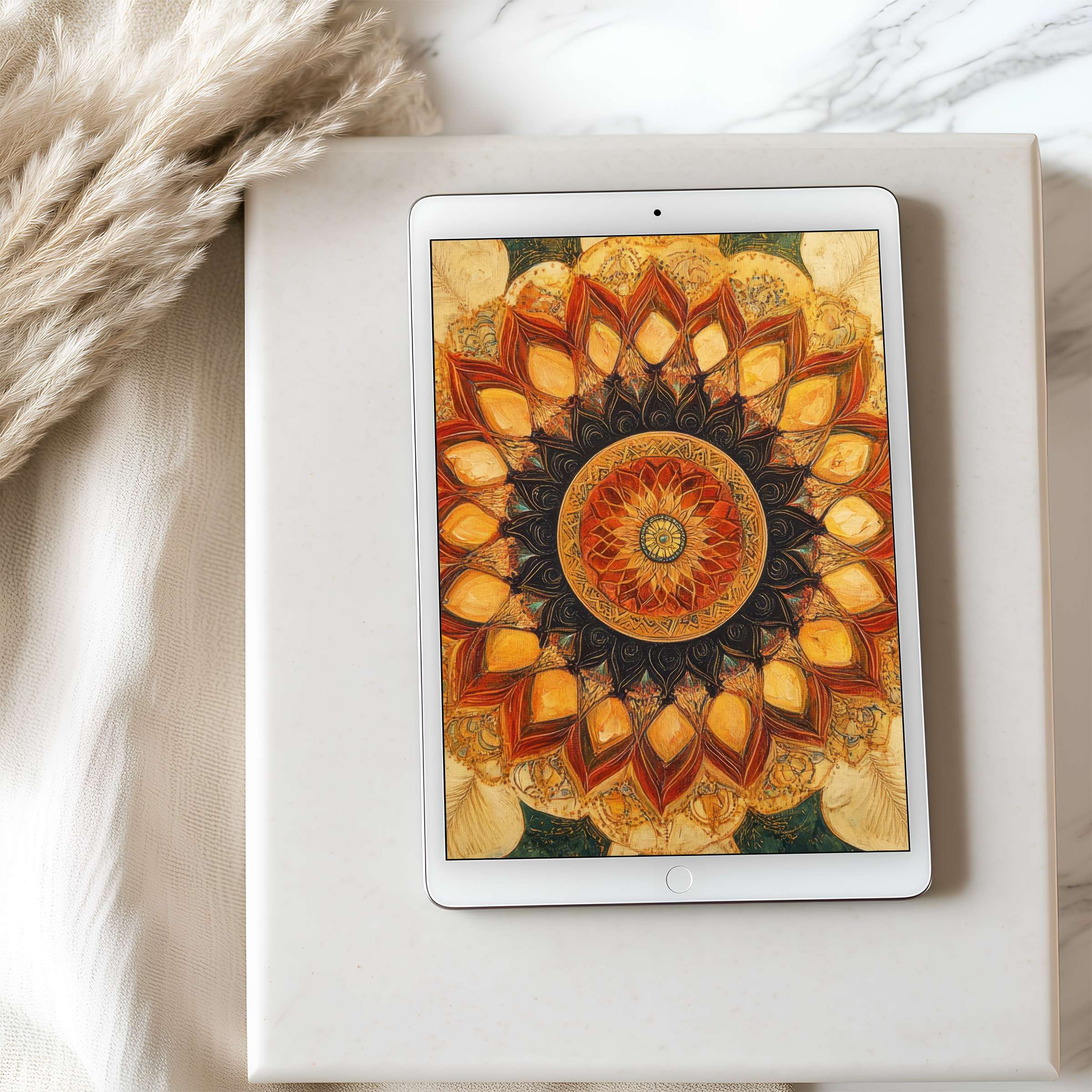 Elegant mandala design tablet wallpaper in warm tones offers a high-resolution aesthetic, perfect for iPad and Android tablets, digital download