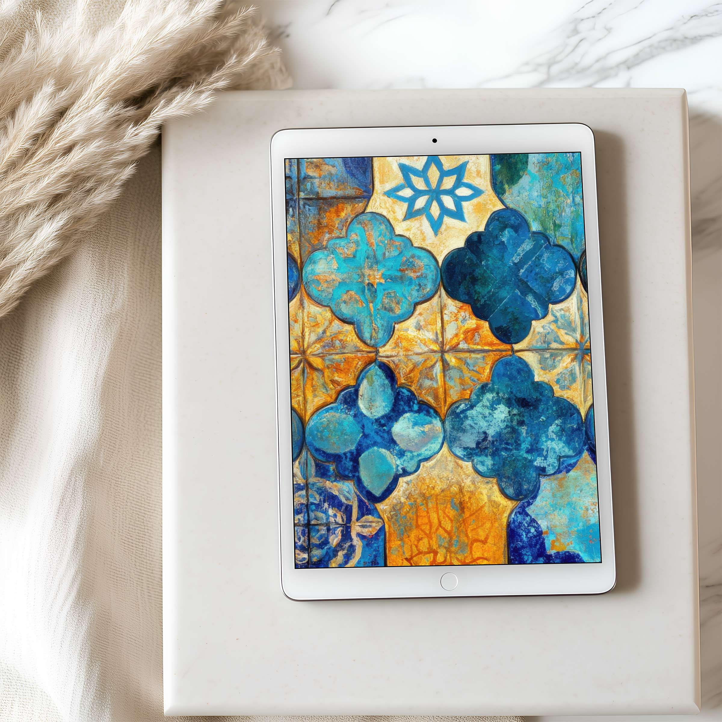 Elegant tablet wallpaper featuring vibrant blue and gold abstract patterns, perfect for iPad and Android tablets, available in high resolution for a curated digital download
