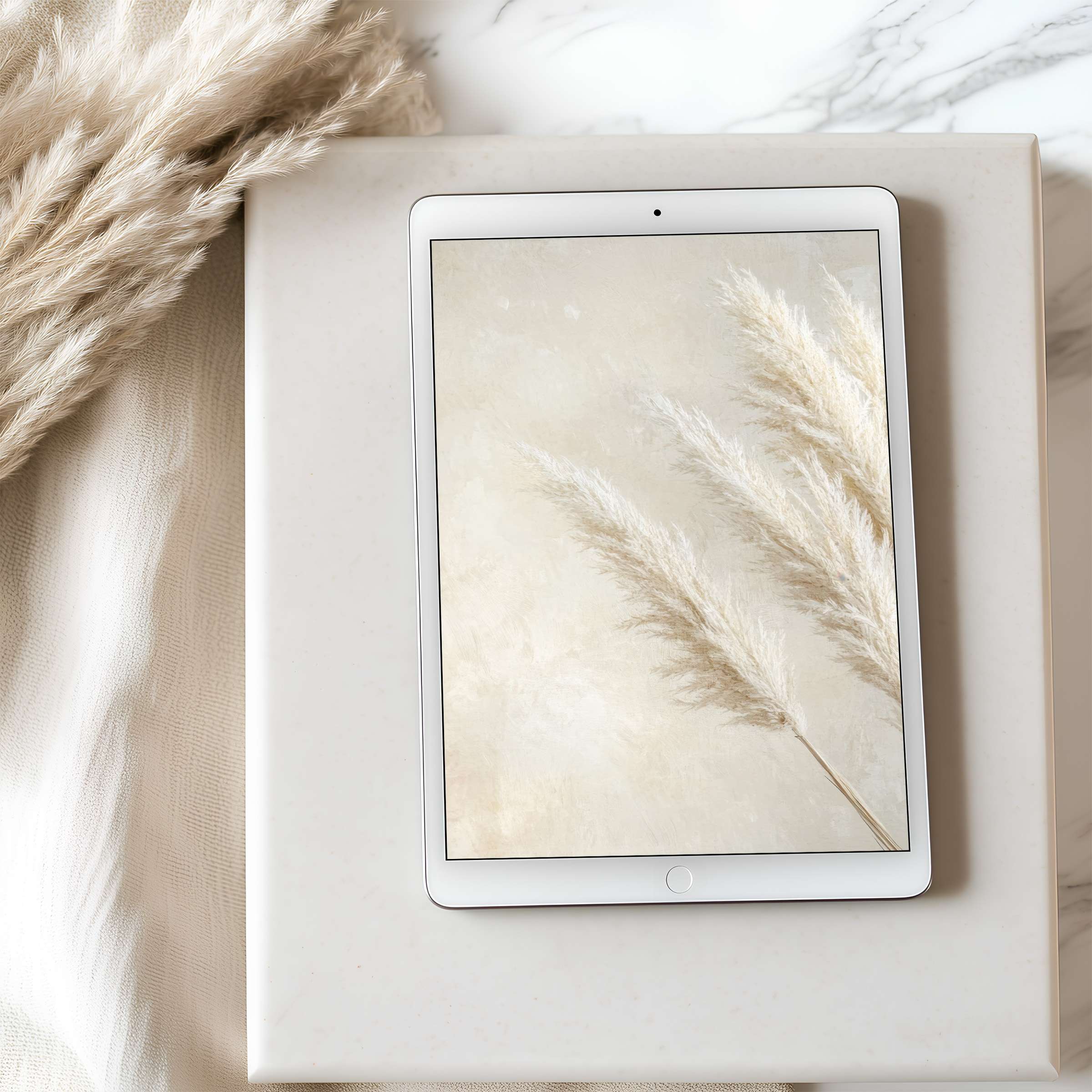 Elegant tablet wallpaper showcasing delicate pampas grass in soothing neutrals, perfect for a high resolution, sustainable digital download