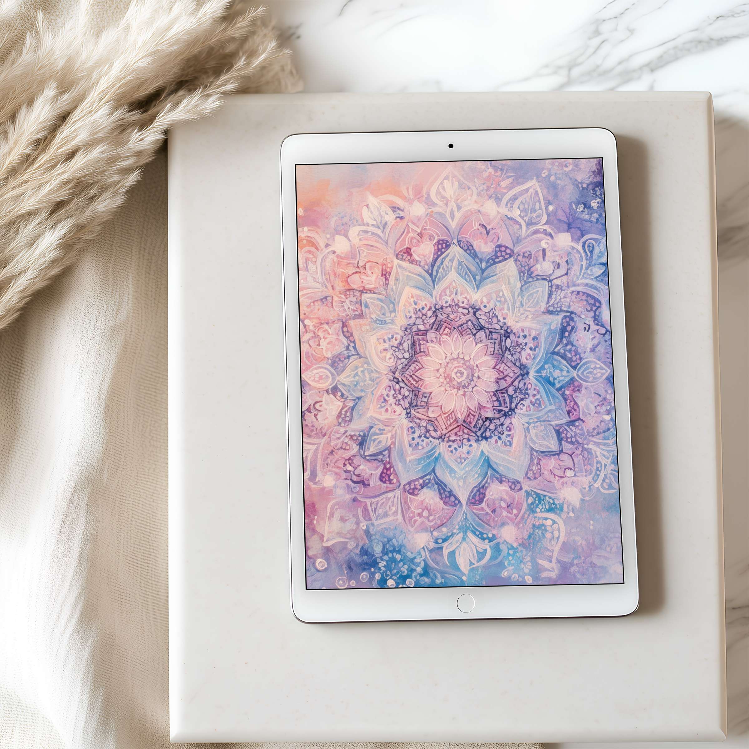 Elegant mandala tablet wallpaper in soft pastel hues, perfect for iPad or Android, enhancing calm with high resolution digital download
